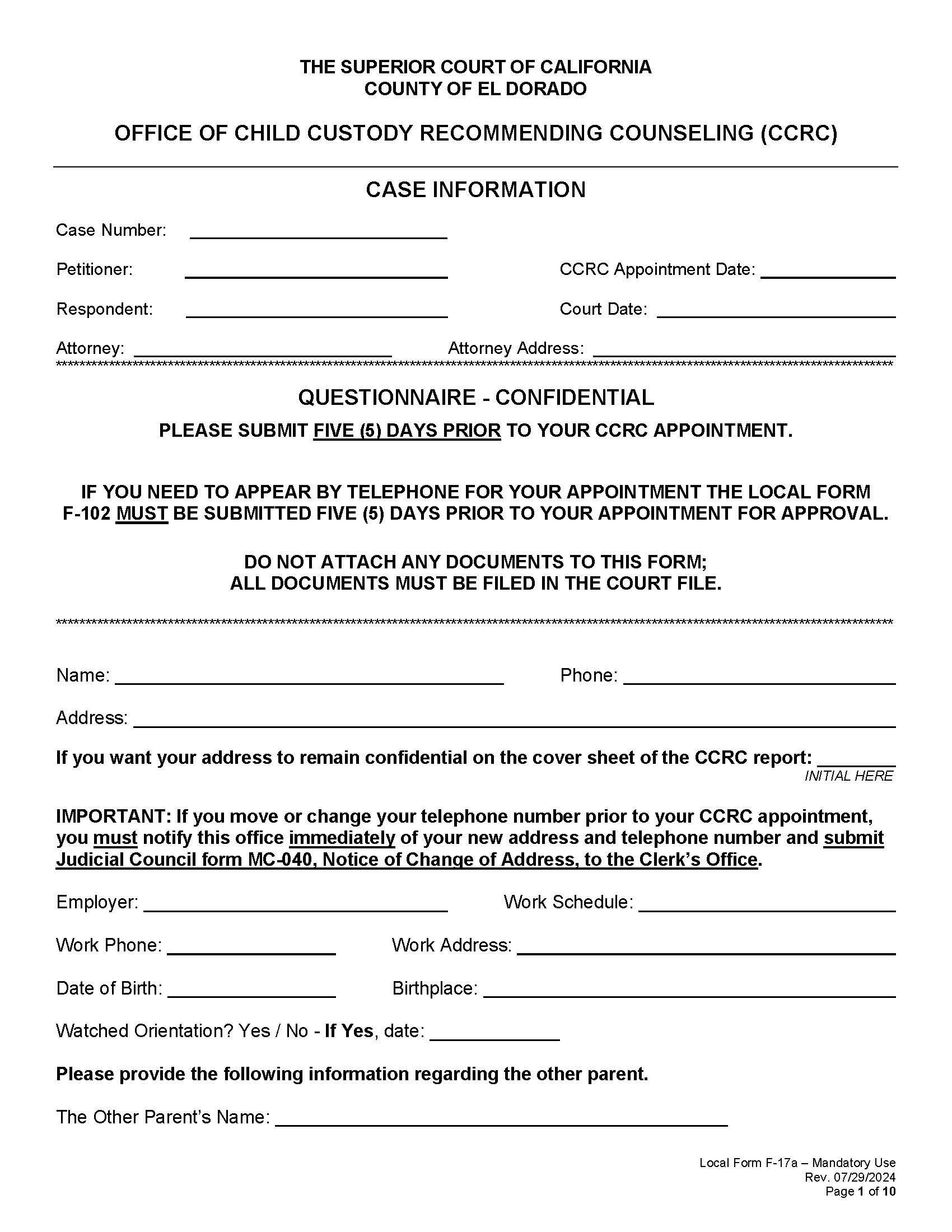 Child Custody Recommending Counseling-Questionnaire {F-17a} | Pdf Fpdf Doc Docx | California