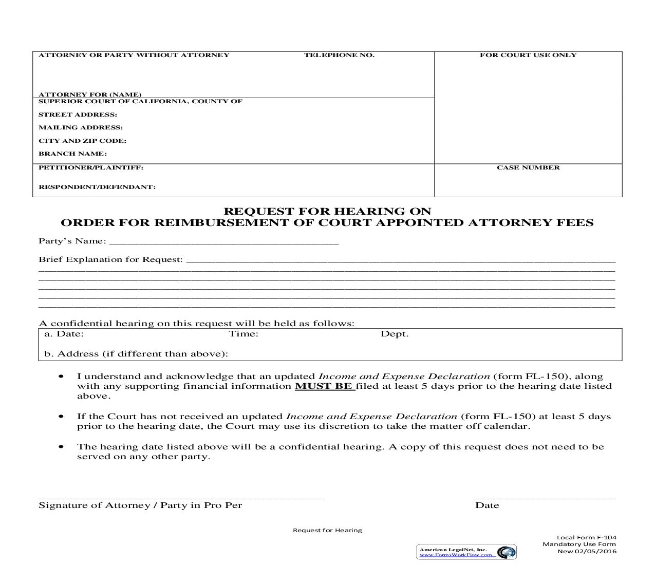 Request For Hearing On Order For Reimbursement Of Court Appointed Attorney Fees {F-104} | Pdf Fpdf Doc Docx | California