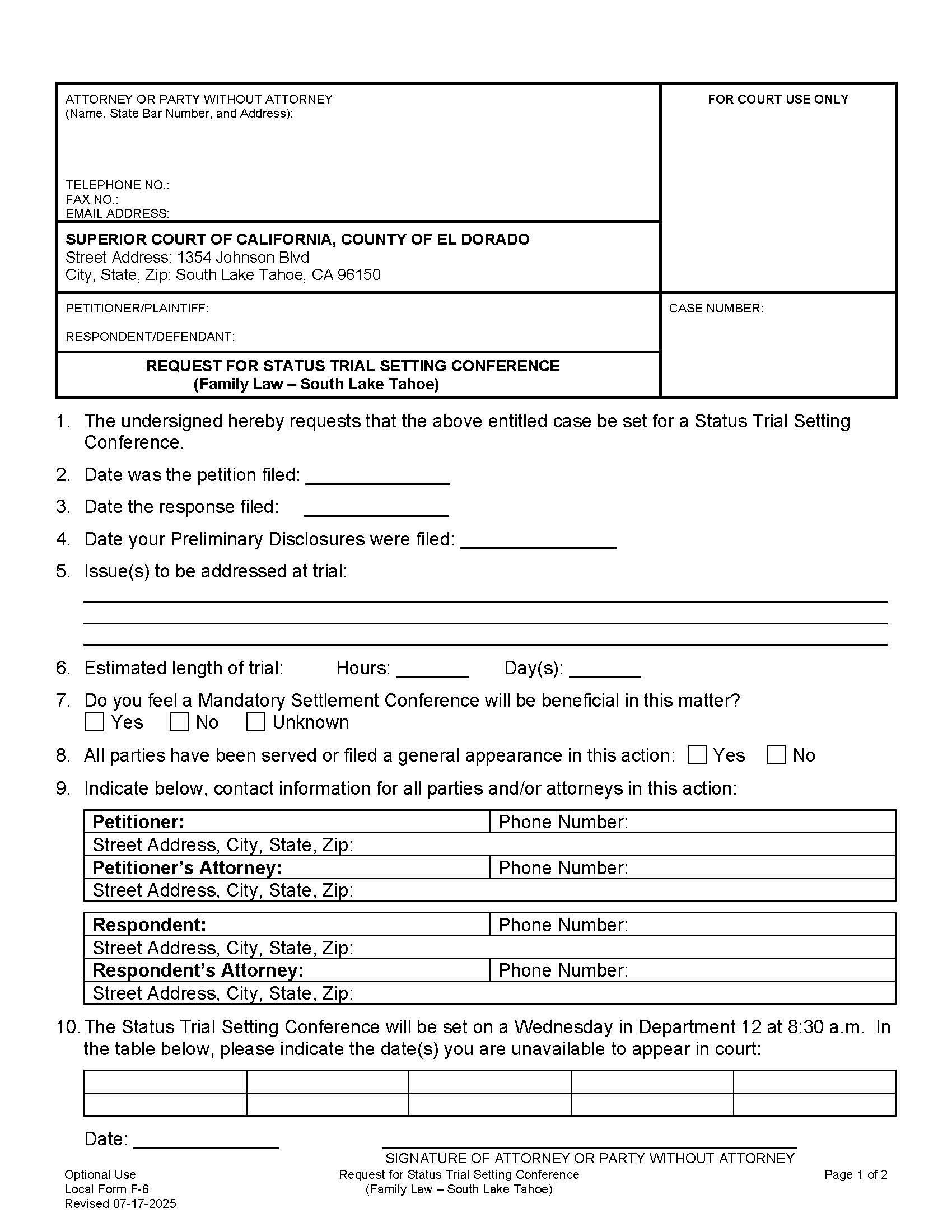 Request For Status Trial Setting Conference-Family Law South Lake Tahoe {F-6} | Pdf Fpdf Docx | California