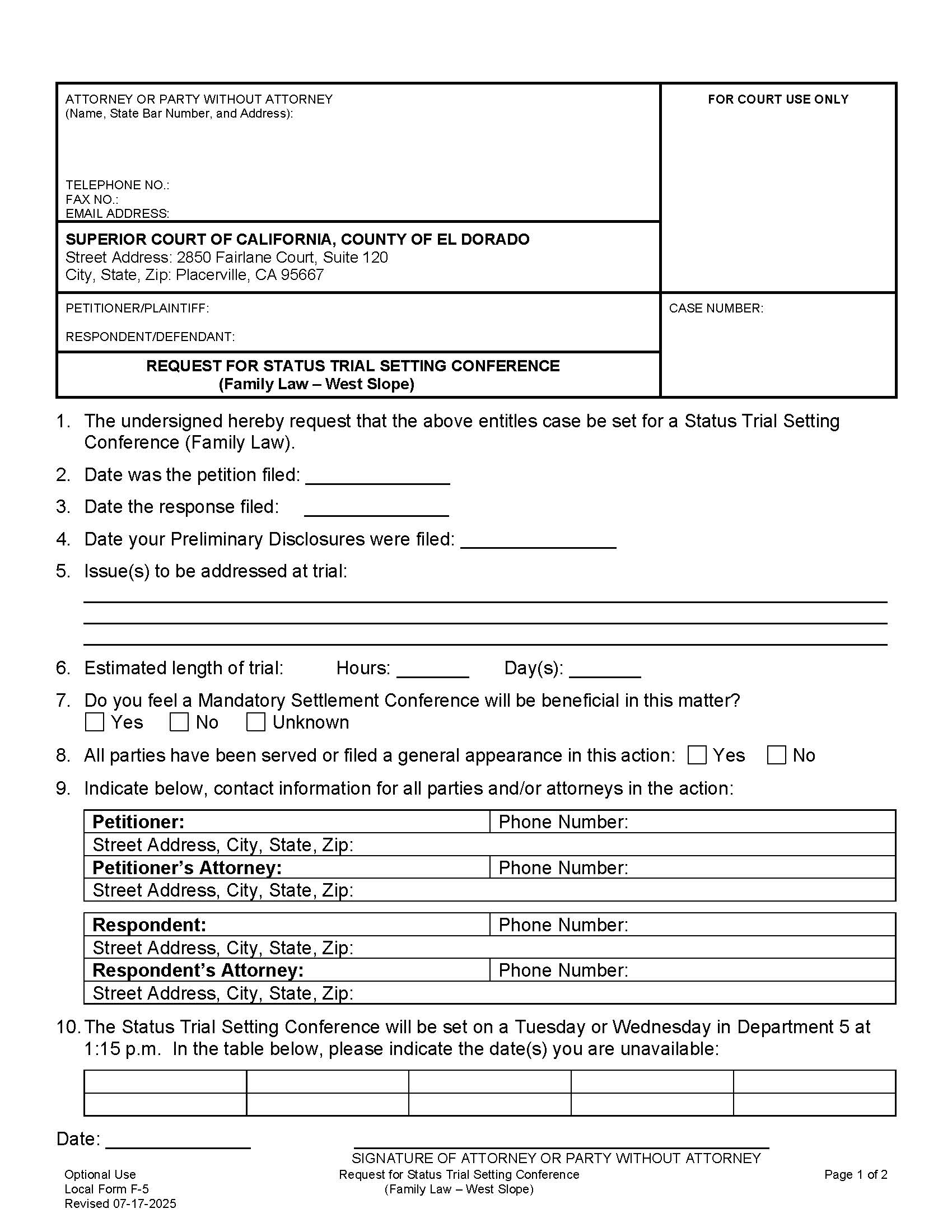 Request For Status Trial Setting Conference-Family Law West Slope {F-5} | Pdf Fpdf Doc Docx | California