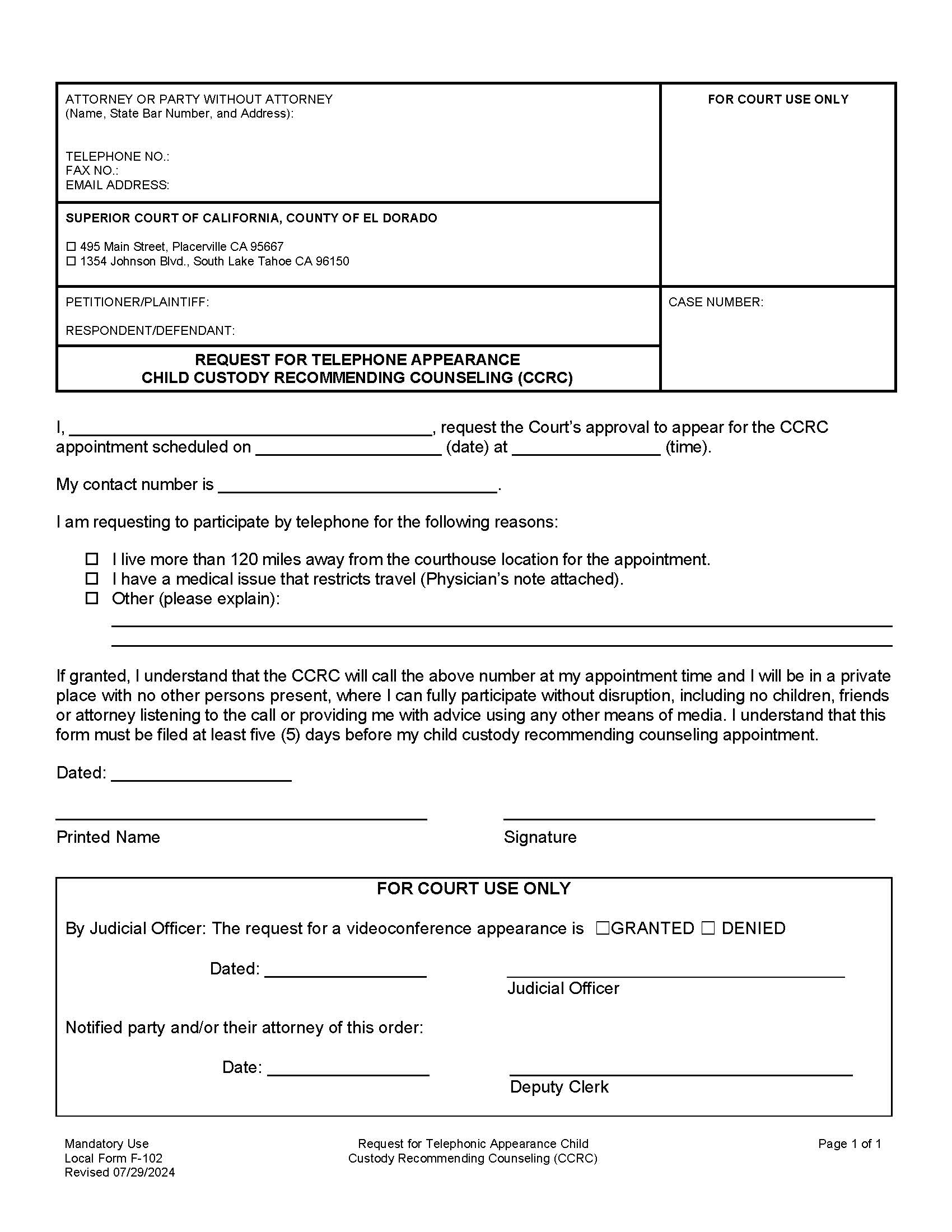 Request For Telephonic Appearance Child Custody Recommending Counseling (CCRC) {F-102} | Pdf Fpdf Doc Docx | California