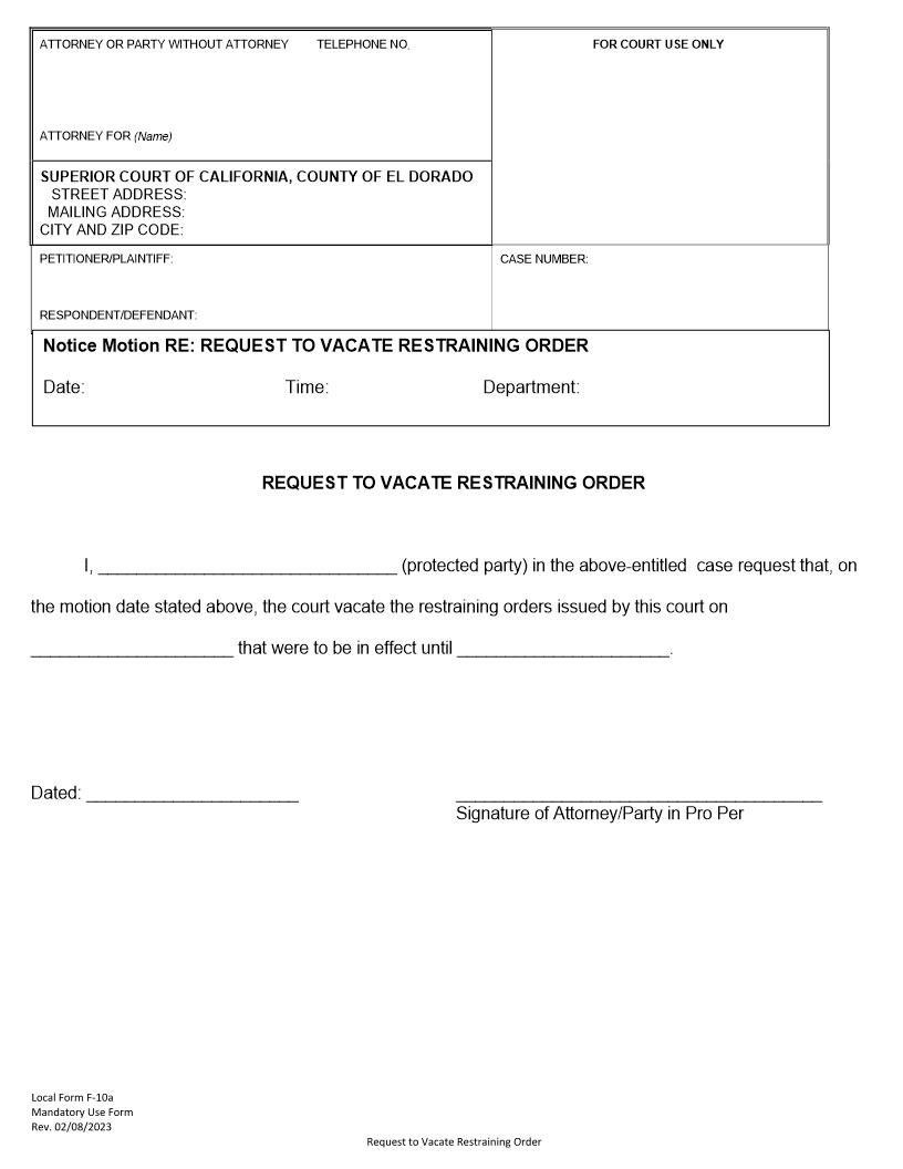 Request To Vacate Restraining Order {F-10a} | Pdf Fpdf Doc Docx | California