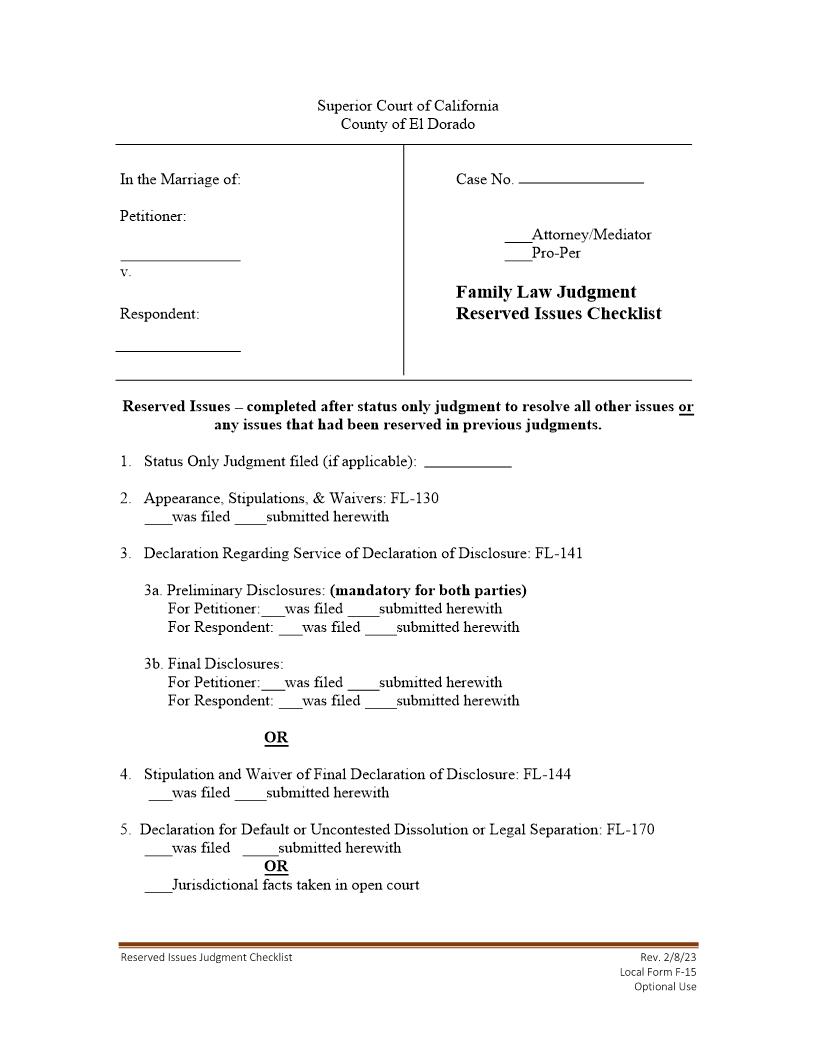 Reserved Issues Judgment Checklist {F-15} | Pdf Fpdf Docx | California