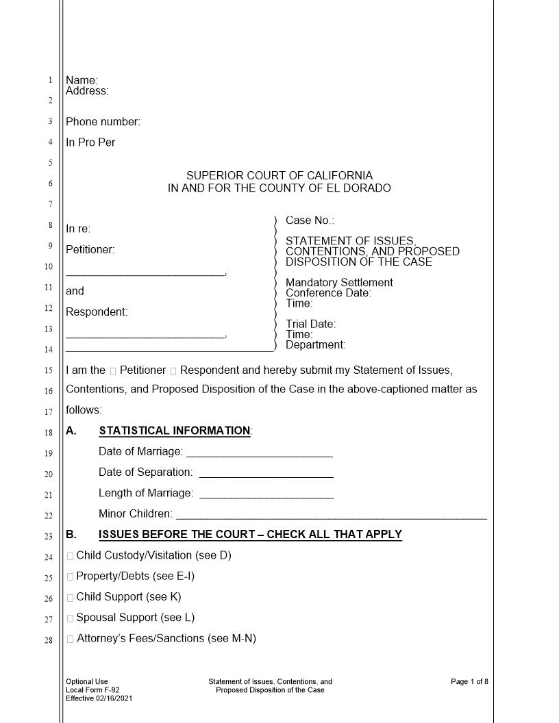 Statement Of Issues Contentions And Proposed Disposition Of Case {F-92} | Pdf Fpdf Doc Docx | California
