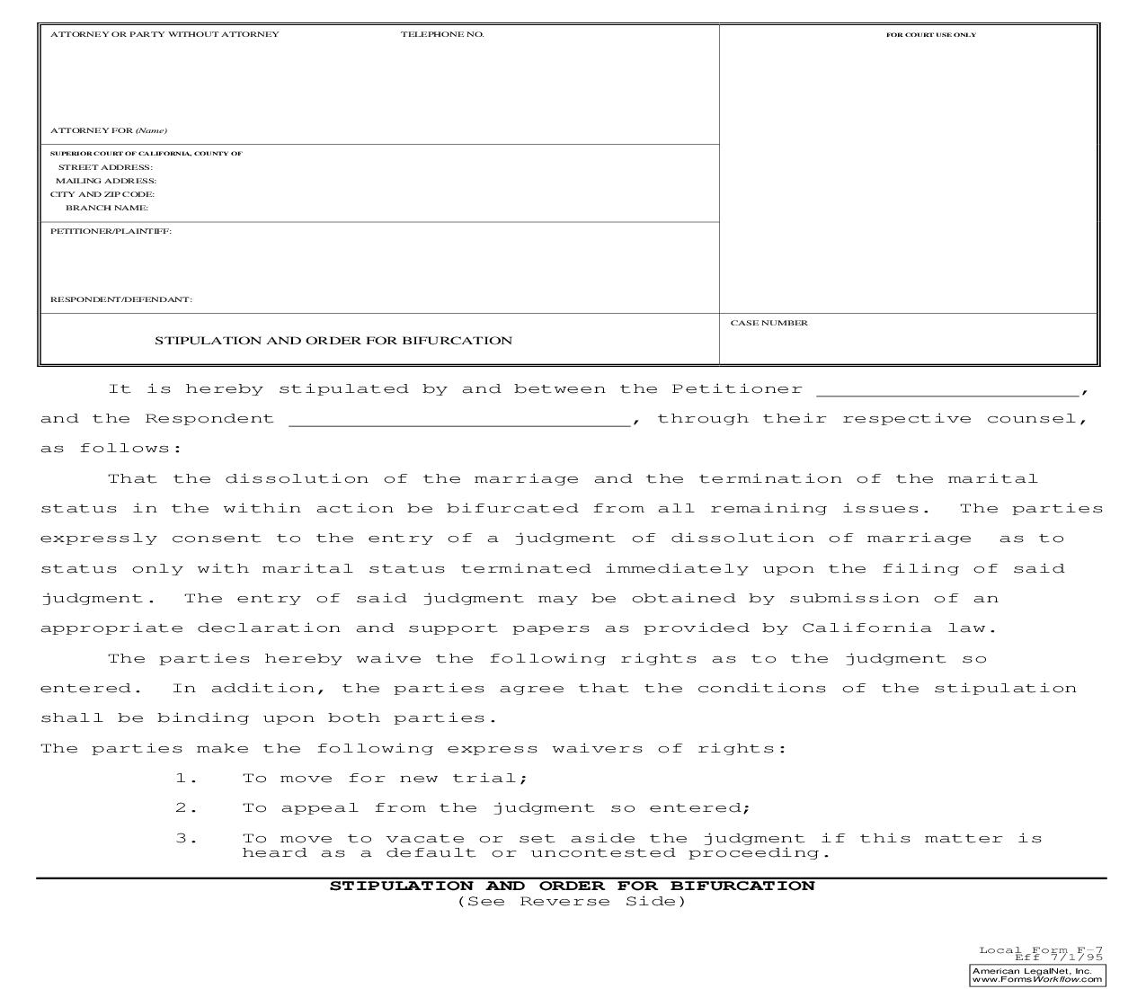 Stipulation And Order For Bifurcation {F-7} | Pdf Fpdf Doc Docx | California