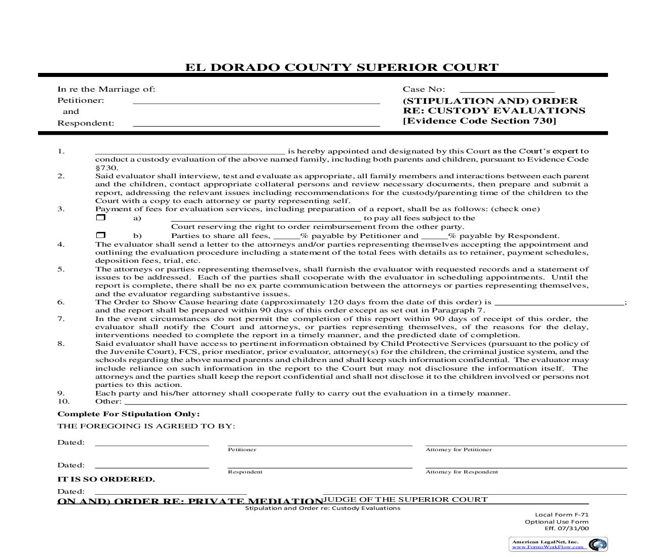 Stipulation And Order Re Custody Evaluation {F-71} | Pdf Fpdf Doc Docx | California