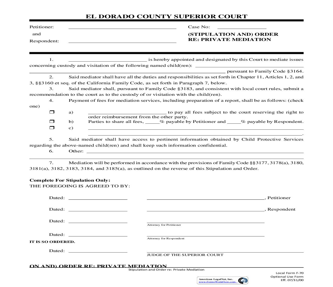 Stipulation And Order Re Private Mediation {F-70} | Pdf Fpdf Doc Docx | California