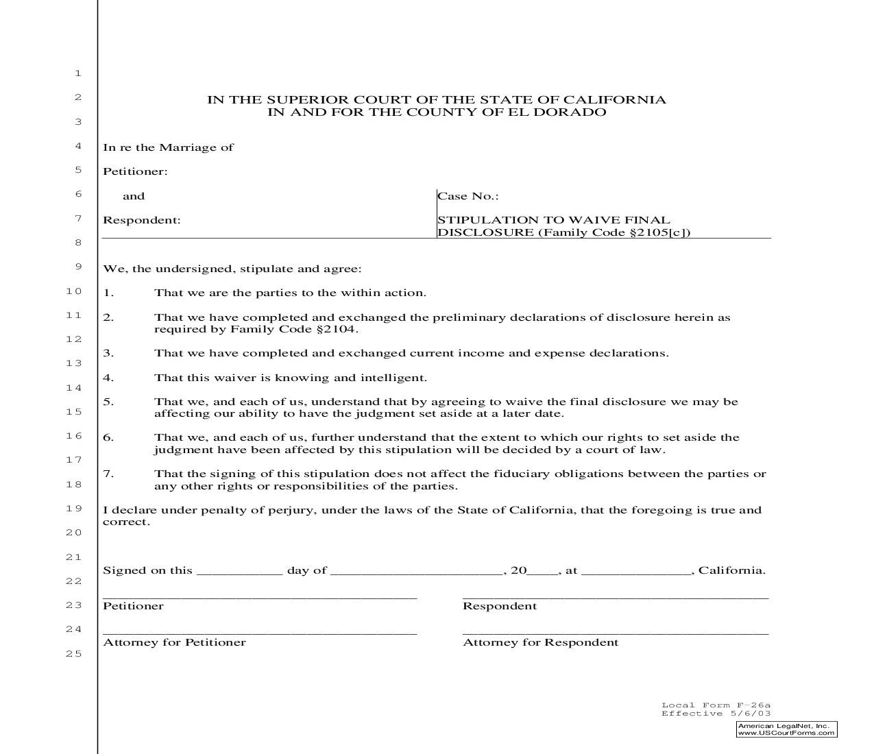 Stipulation To Waive Final Disclosure (Family Code 2105(c)) {F26A} | Pdf Fpdf Doc Docx | California