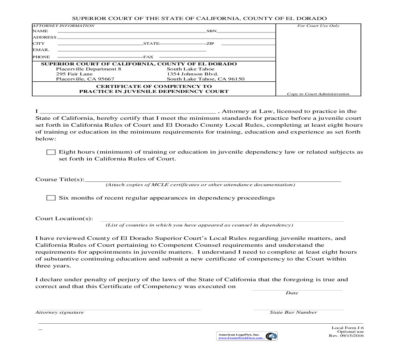 Certificate Of Competency To Practice In Juvenile Dependency Court {J-6} | Pdf Fpdf Doc Docx | California