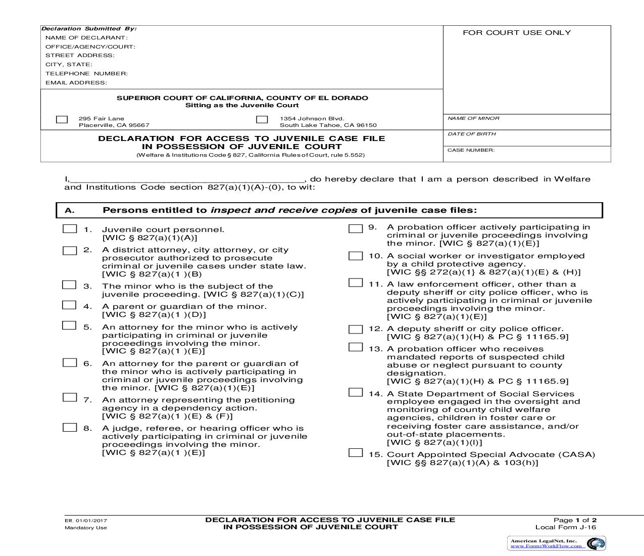 Declaration For Access To Juvenile Case File In Possession Of Juvenile Court {J-16} | Pdf Fpdf Doc Docx | California