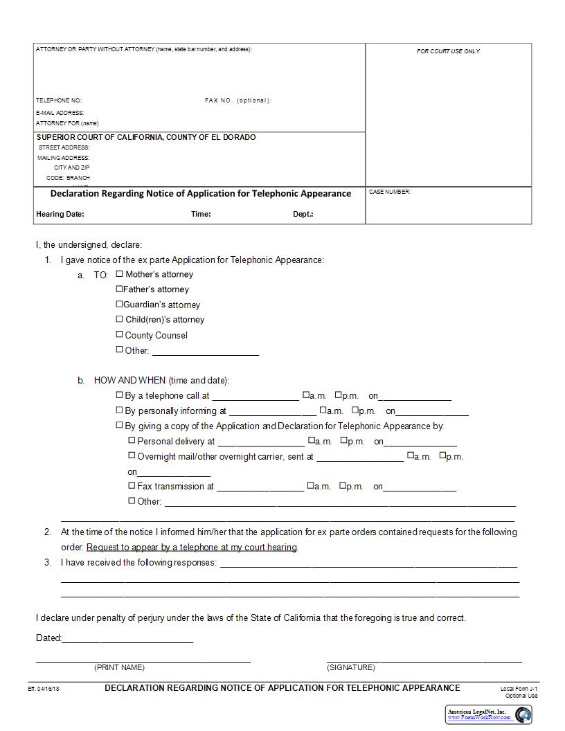 Declaration Regarding Notice Of Application For Telephonic Appearance {J-1} | Pdf Fpdf Docx | California