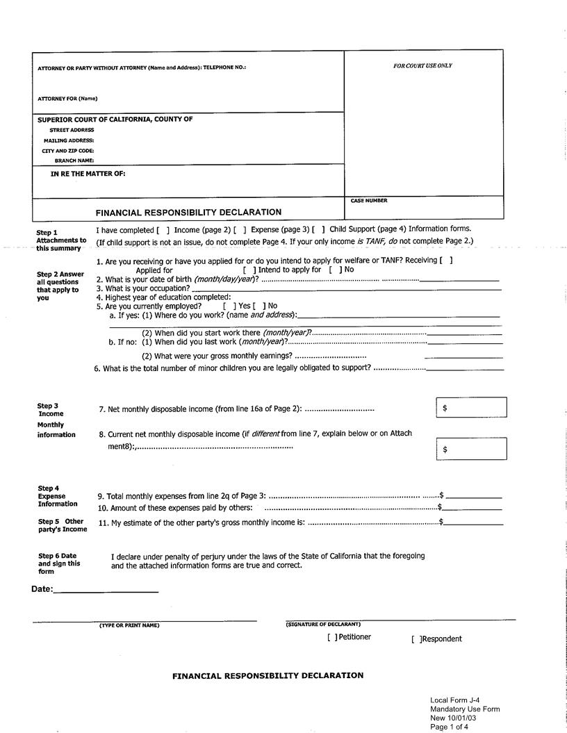 Financial Responsibility Declaration {J-4} | Pdf Fpdf Doc Docx | California