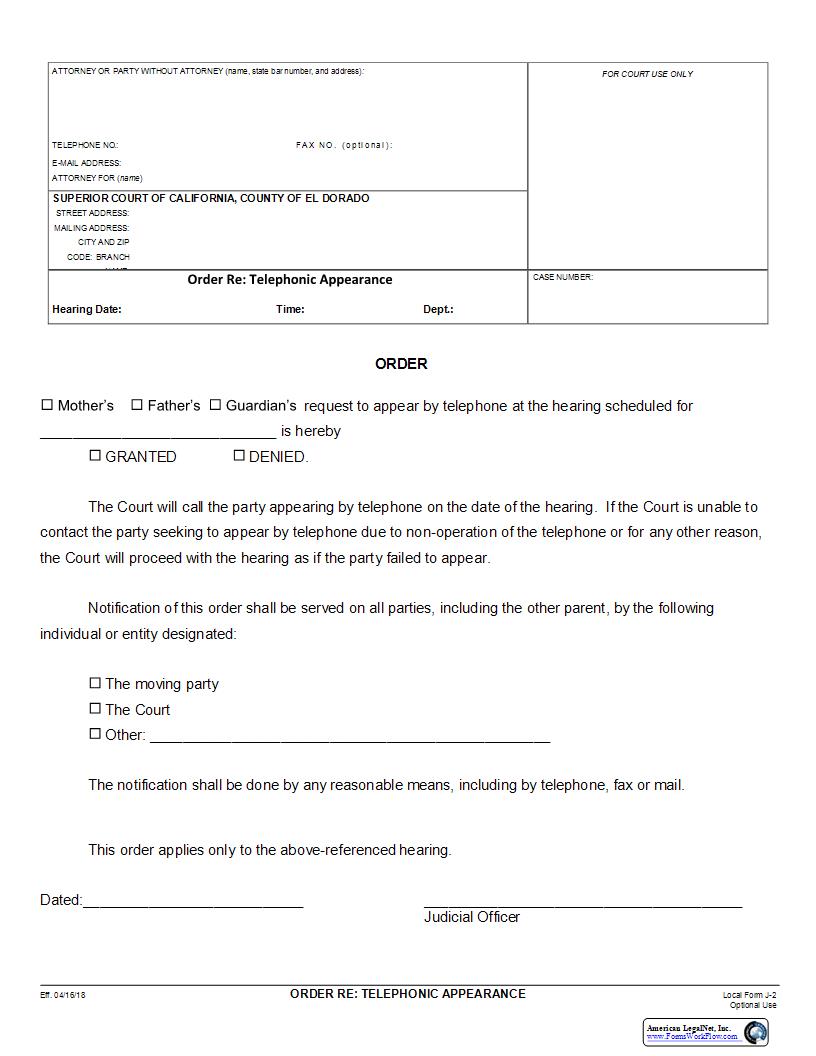 Order Re Telephonic Appearance {J-2} | Pdf Fpdf Docx | California