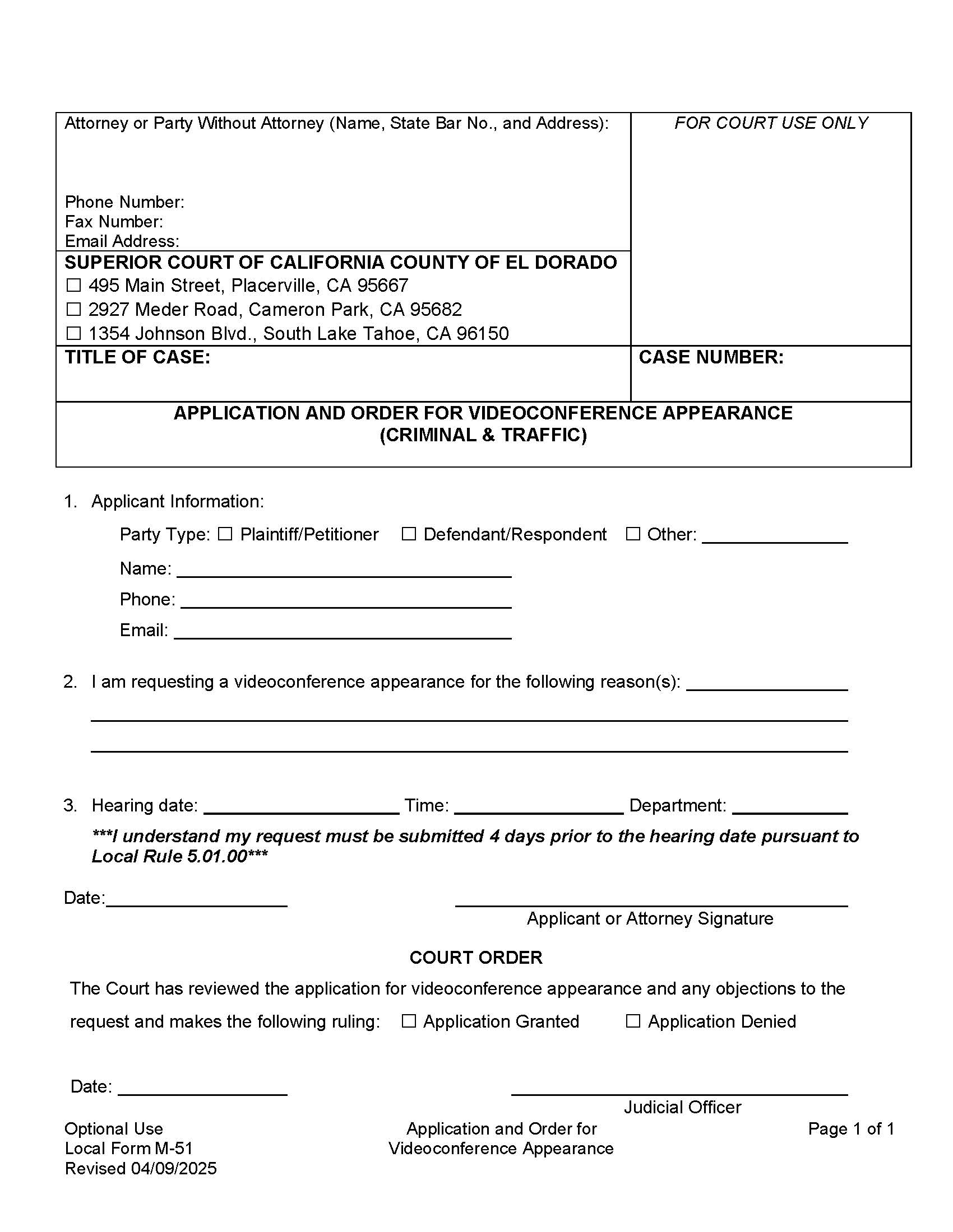 Application For Videoconference Appearance And Order {M-51} | Pdf Fpdf Doc Docx | California