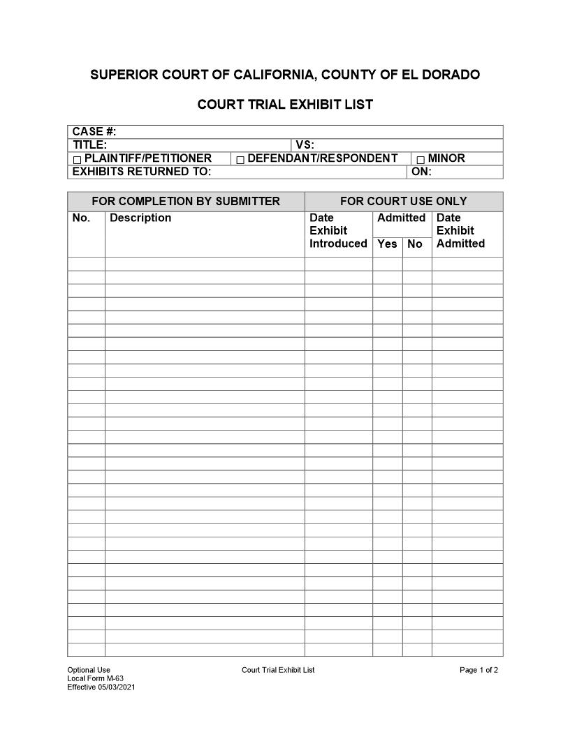 Court Trial Exhibit List {M-63} | Pdf Fpdf Docx | California