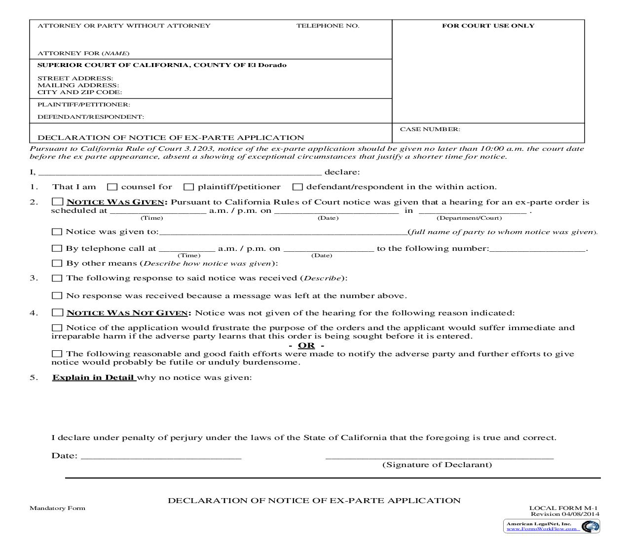 Declaration Notice Upon Ex Parte Application For Orders {M-1} | Pdf Fpdf Doc Docx | California