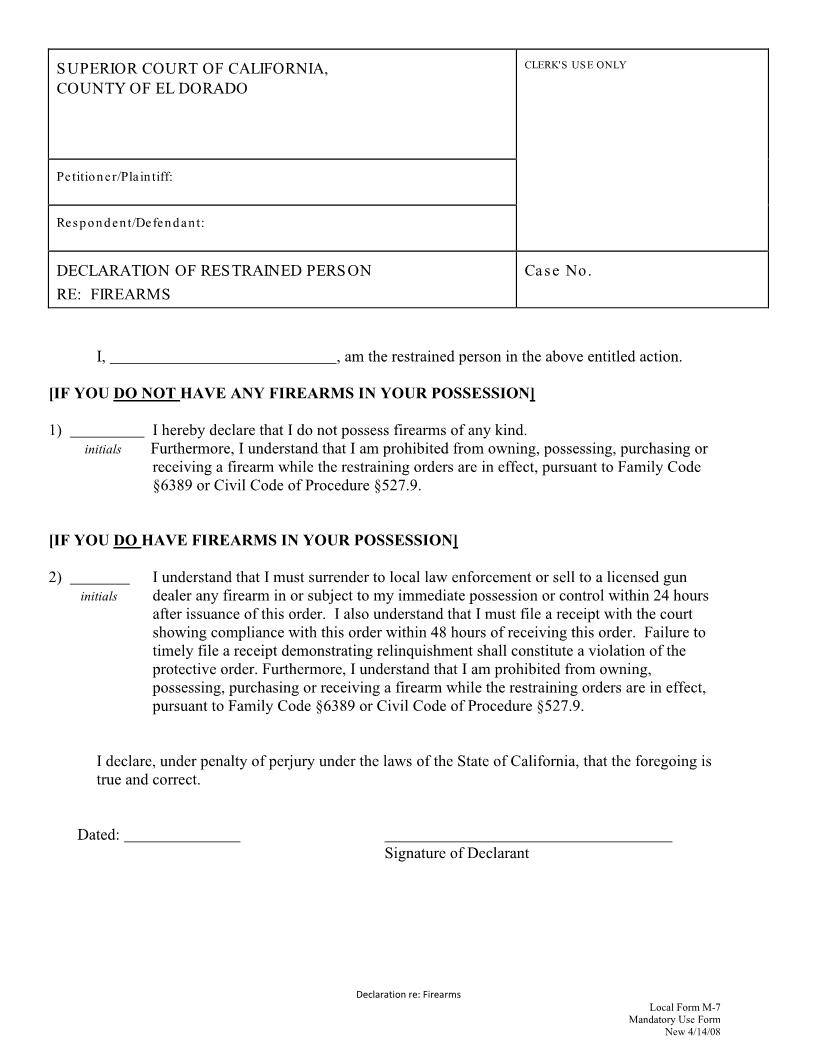 Declaration Of Restrained Person Re Firearms {M-7} | Pdf Fpdf Docx | California