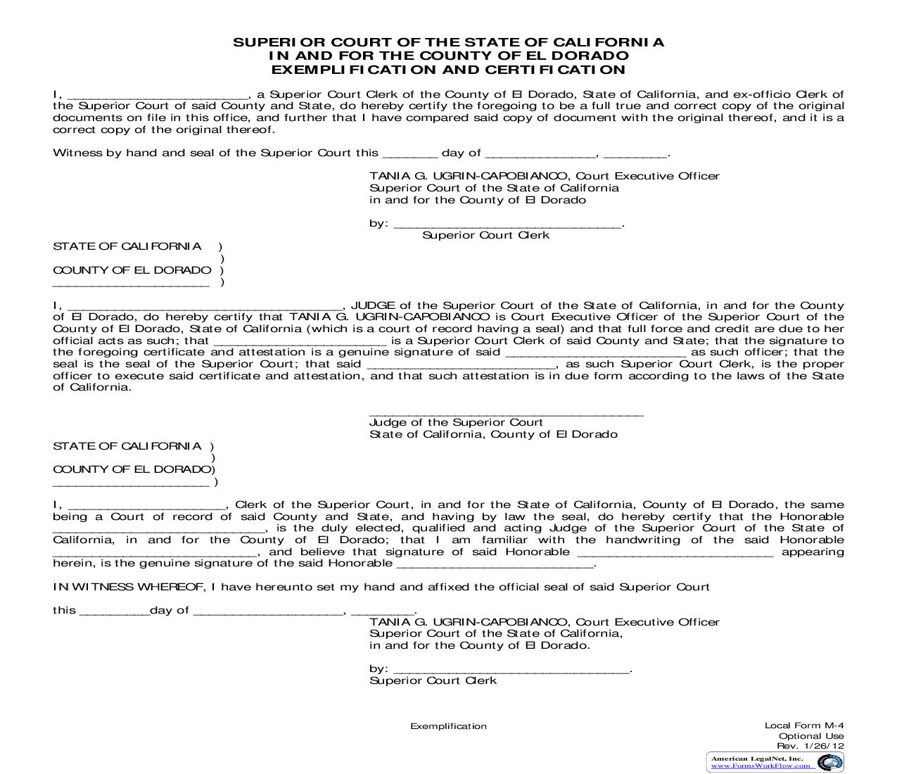 Exemplification And Certification {M-4} | Pdf Fpdf Doc Docx | California