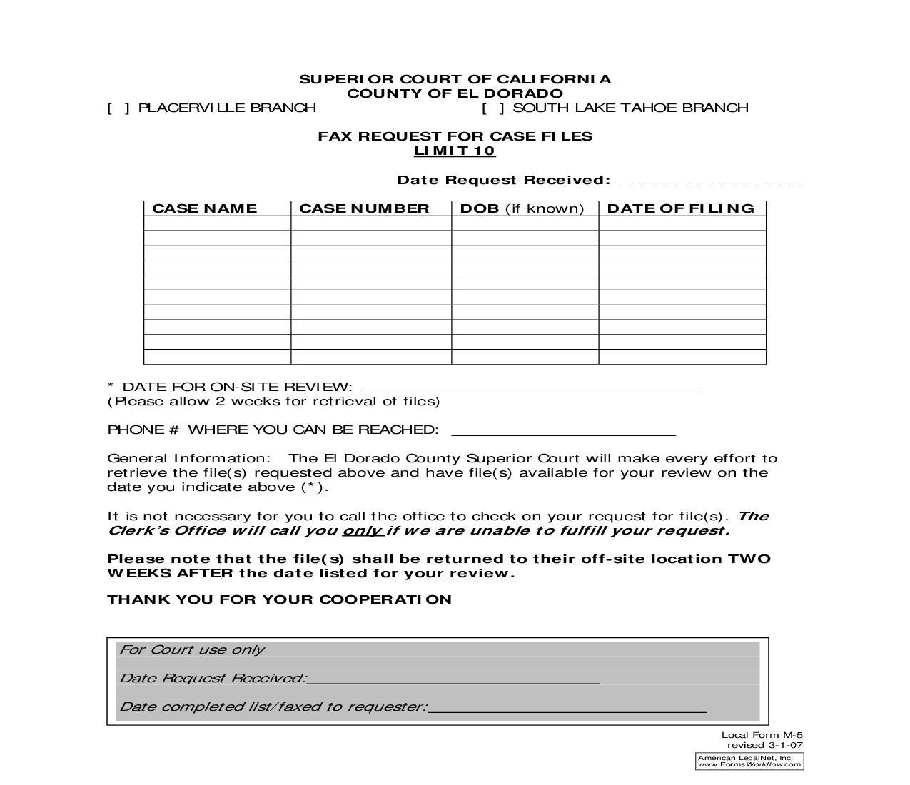 Fax Request For Case Files {M-5} | Pdf Fpdf Doc Docx | California
