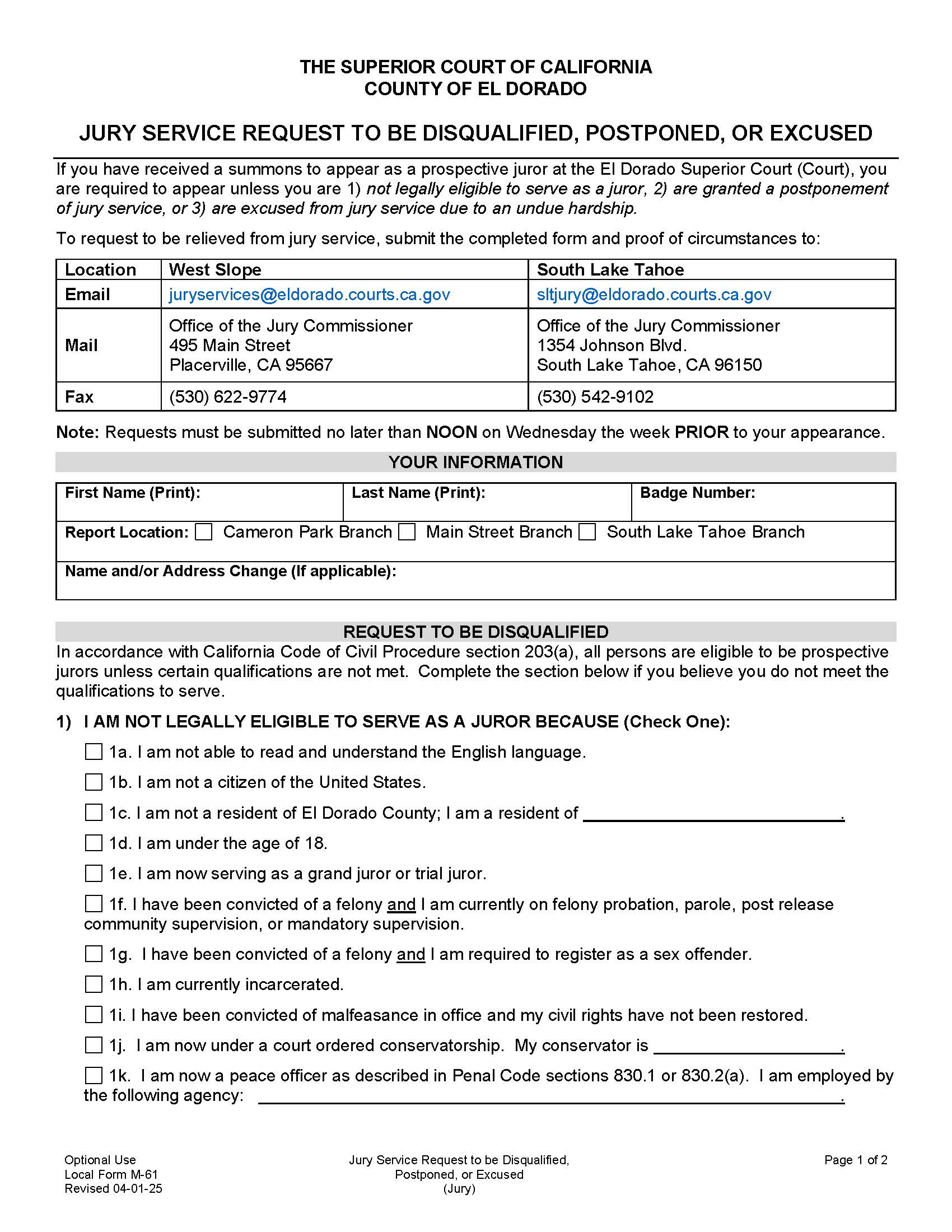 Jury Service Request To Be Disqualified Postponed Or Excused {M-61} | Pdf Fpdf Docx | California