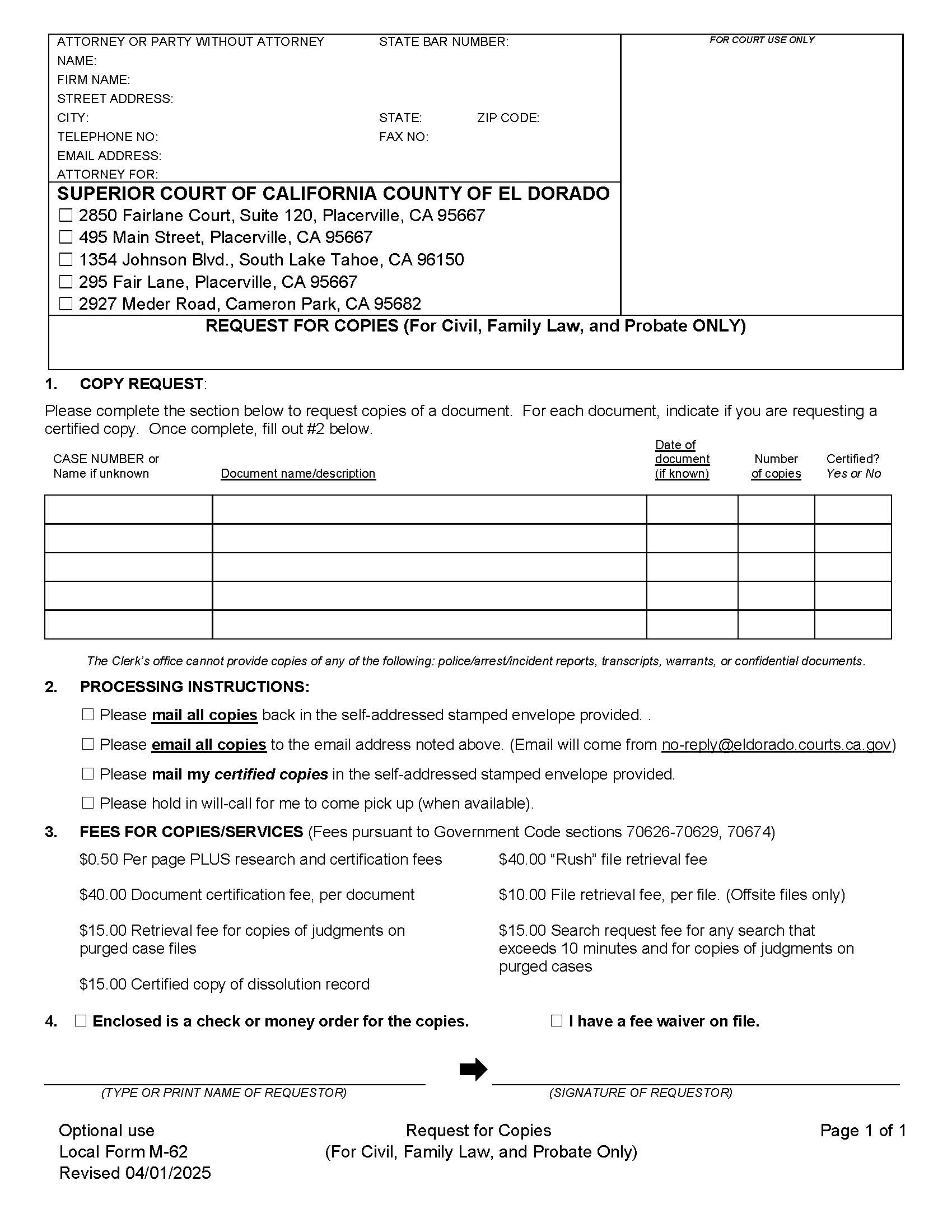 Online Facsimile Request For Copies-For Civil Family Law And Probate Only {M-62} | Pdf Fpdf Docx | California