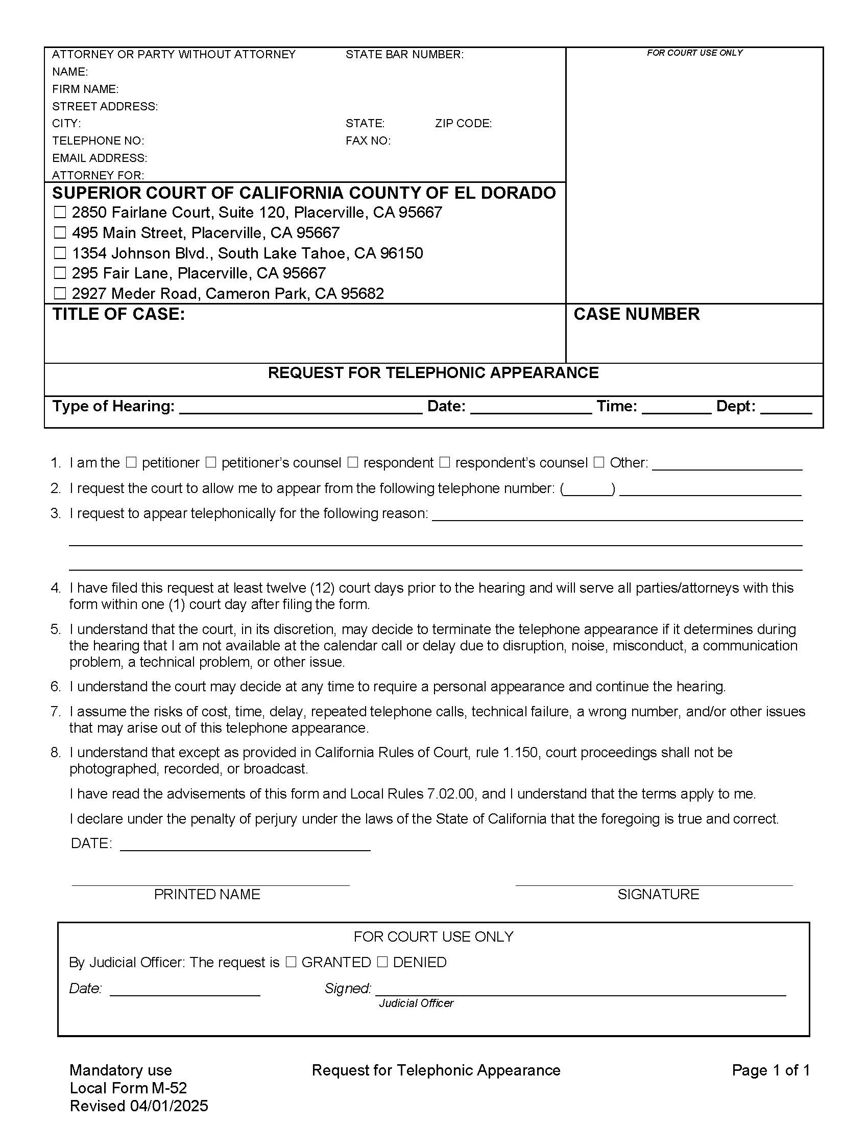 Request For Telephonic Appearance {M-52} | Pdf Fpdf Doc Docx | California