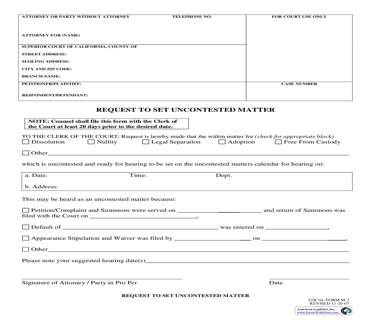 Request To Set Uncontested Matter {M-3} | Pdf Fpdf Doc Docx | California