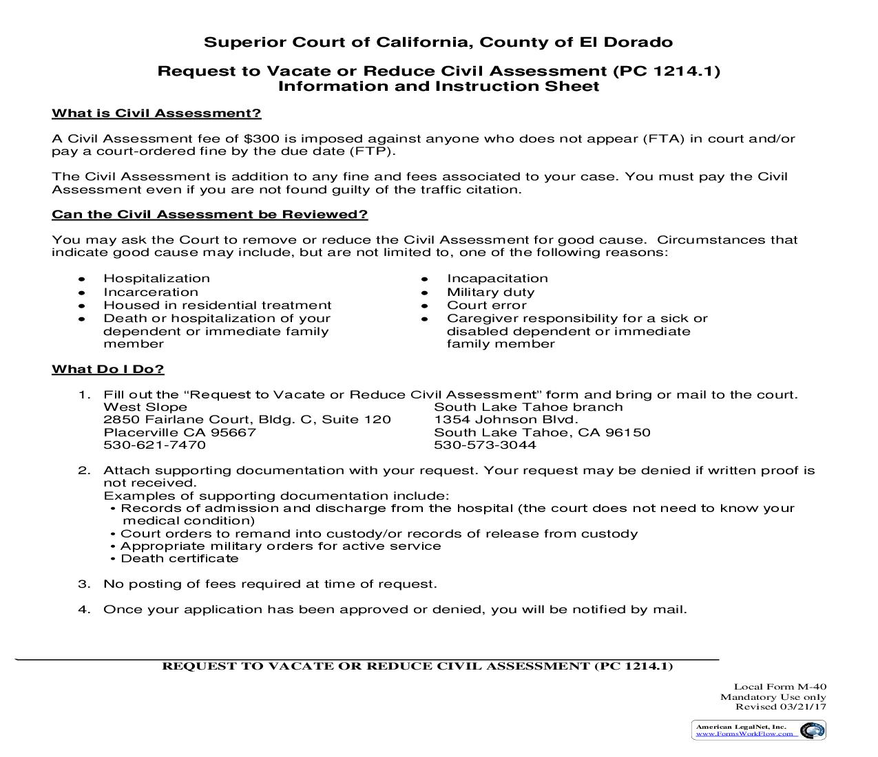 Request To Vacate Or Reduce Civil Assessment {M-40} | Pdf Fpdf Doc Docx | California