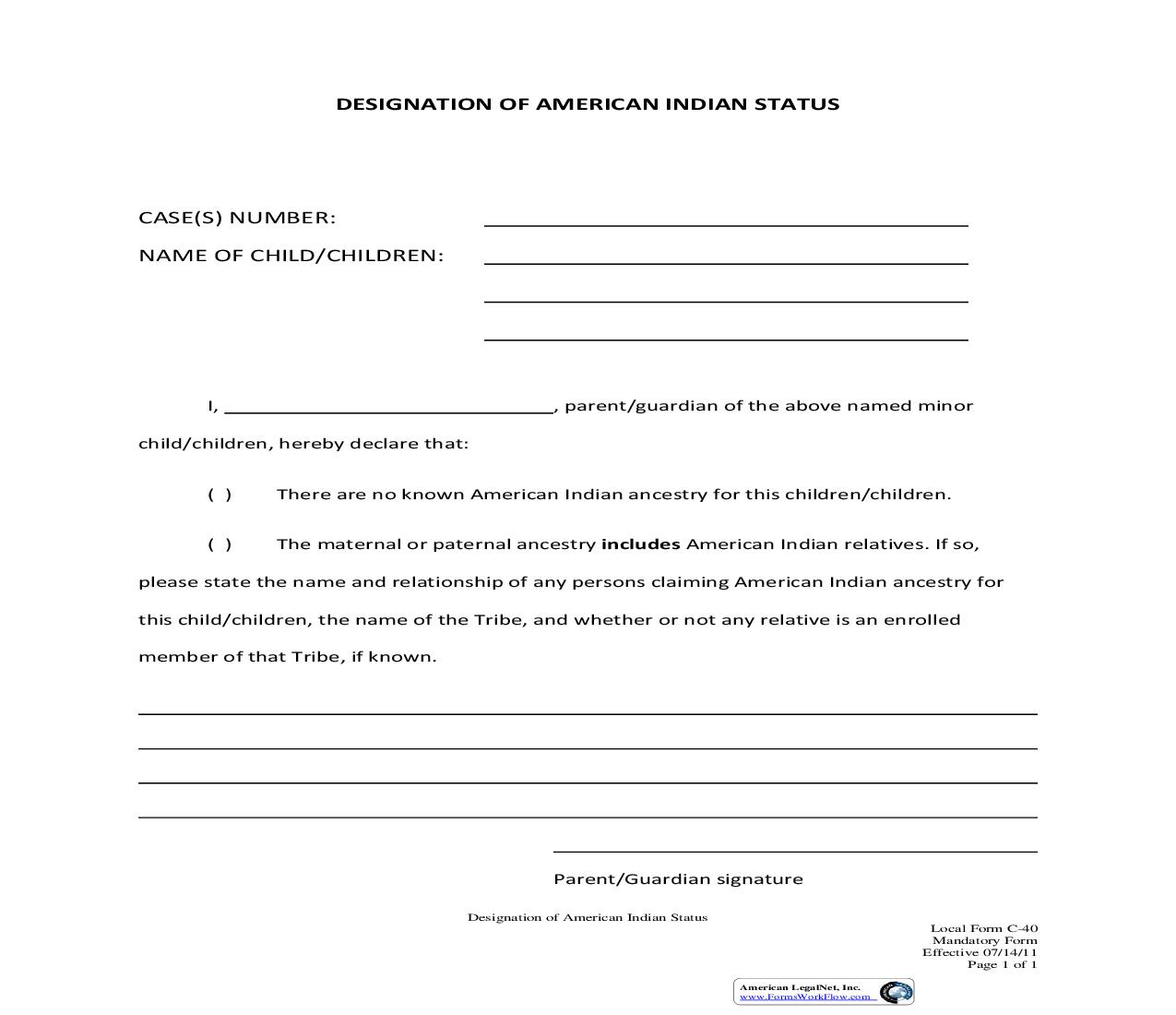 Delaration Of American Indian Status {C-40} | Pdf Fpdf Doc Docx | California