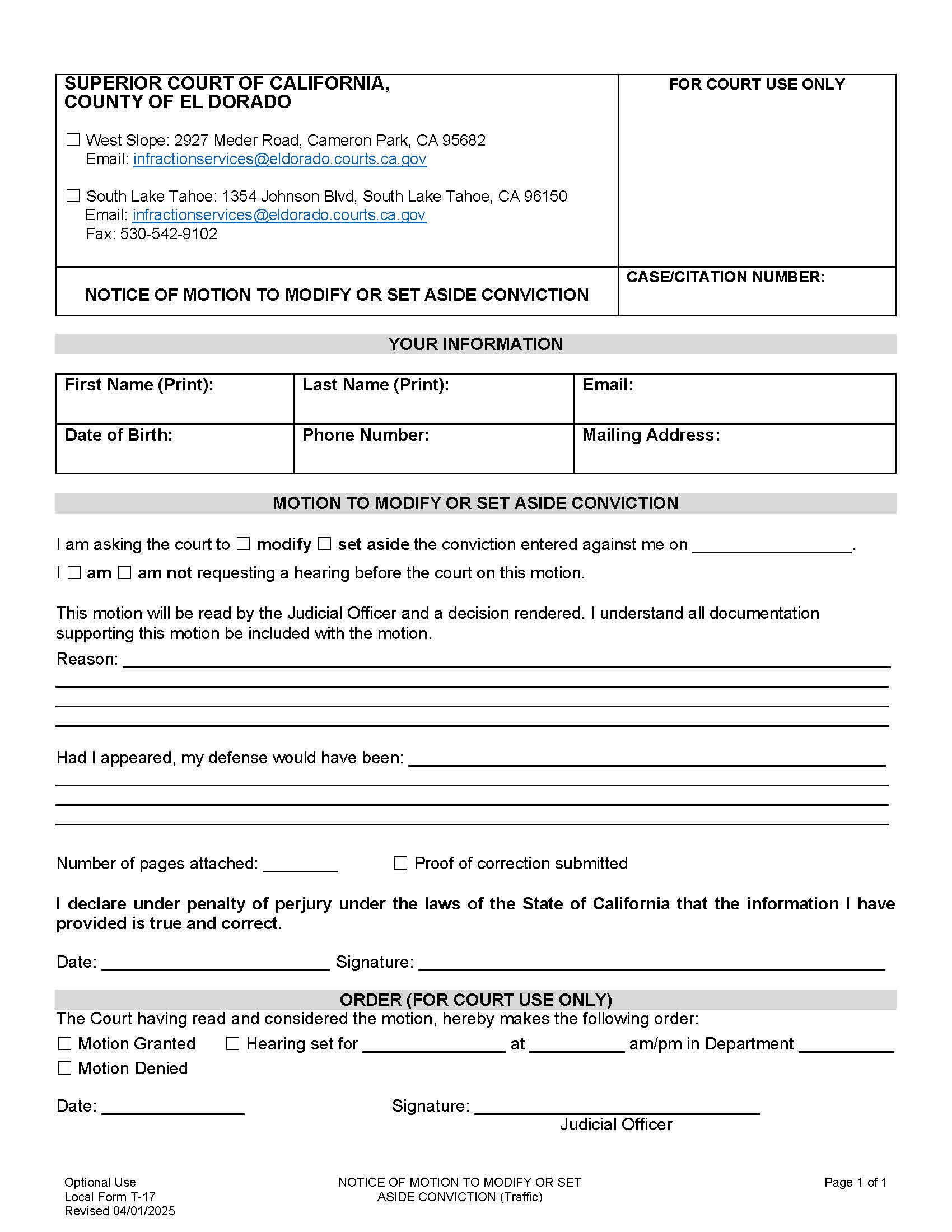 Notice Of Motion To Modify Or Set Aside Conviction {T-17} | Pdf Fpdf Doc Docx | California