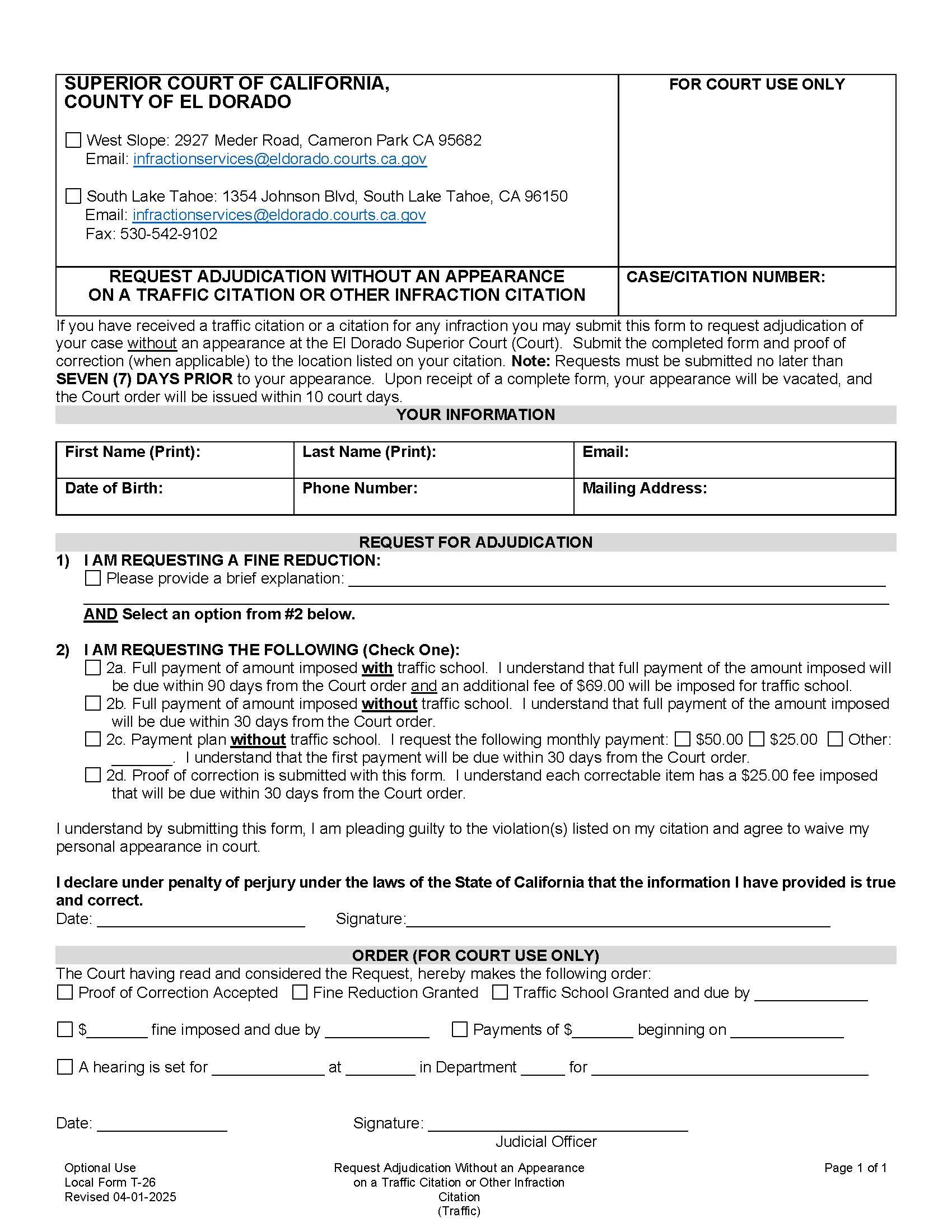 Request Adjudication Without An Appearance On A Traffic Citation Or Other Infraction {T-26} | Pdf Fpdf Docx | California