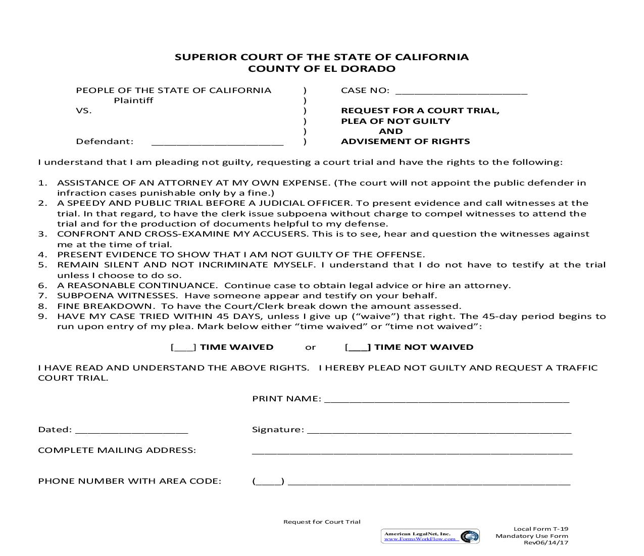 Request For A Court Trial-Advisement Of Rights {T-19} | Pdf Fpdf Doc Docx | California