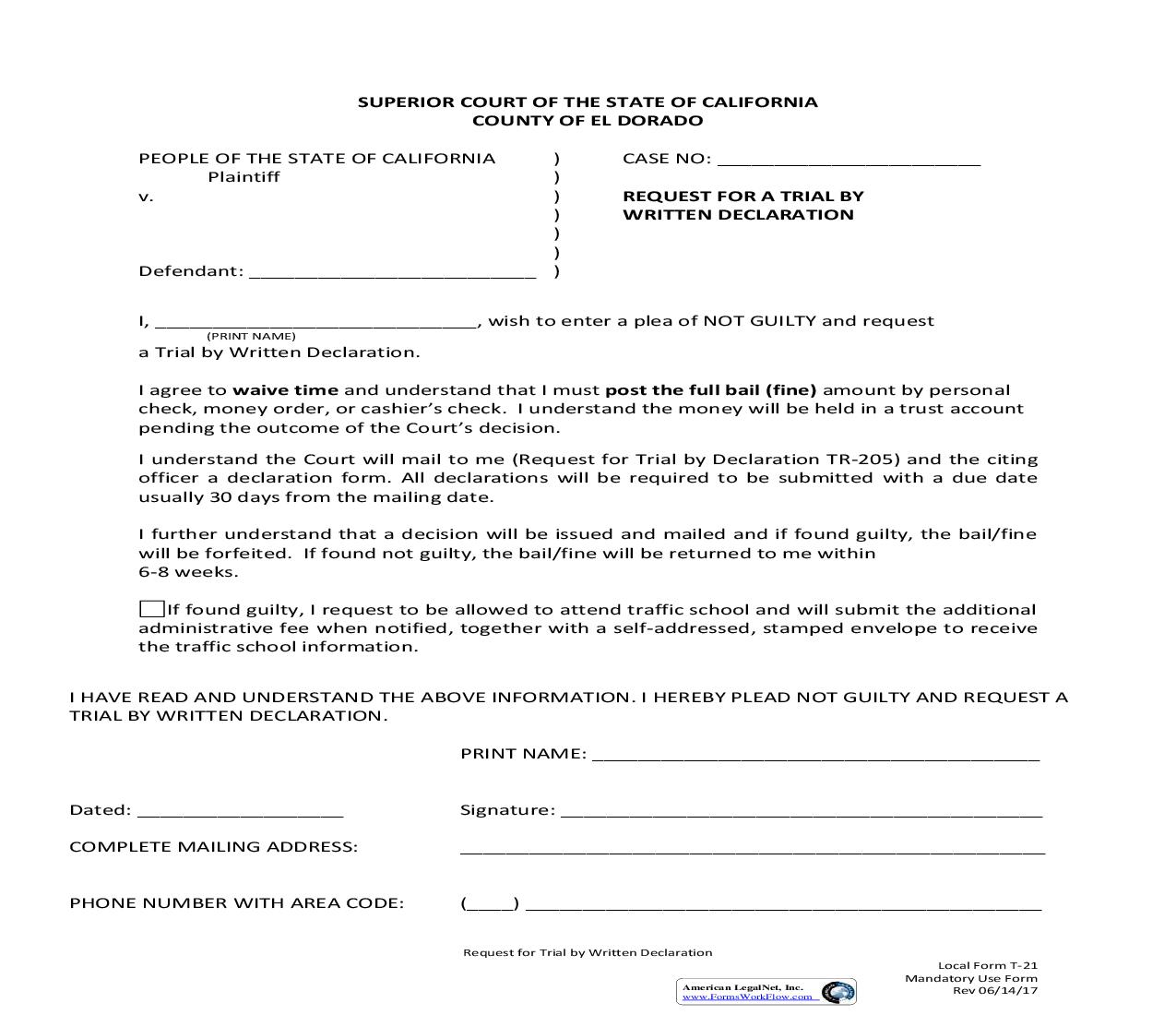 Request For A Trial By Written Declaration {T-21} | Pdf Fpdf Doc Docx | California