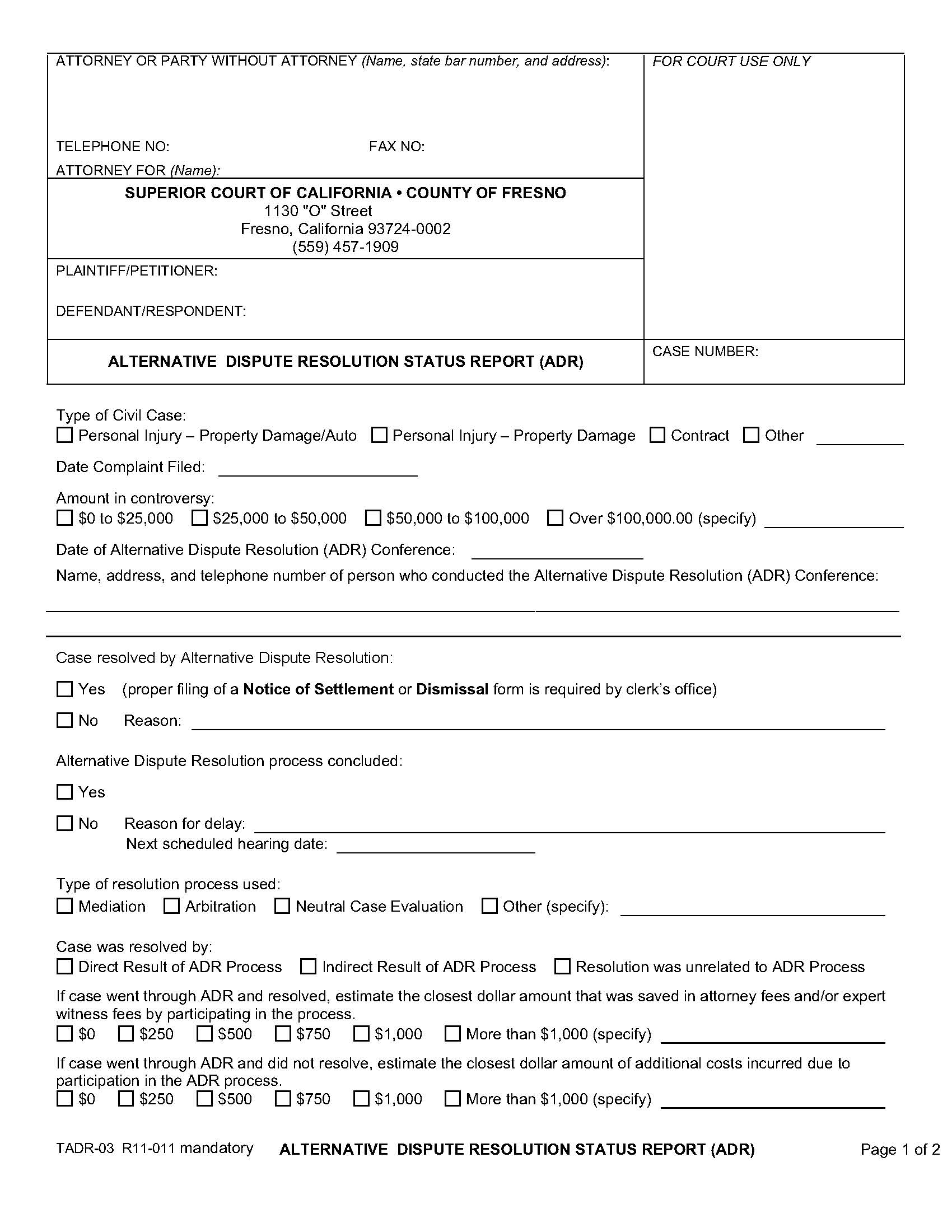 Alternative Dispute Resolution Status Report (ADR) {TADR-03} | Pdf Fpdf Doc Docx | California