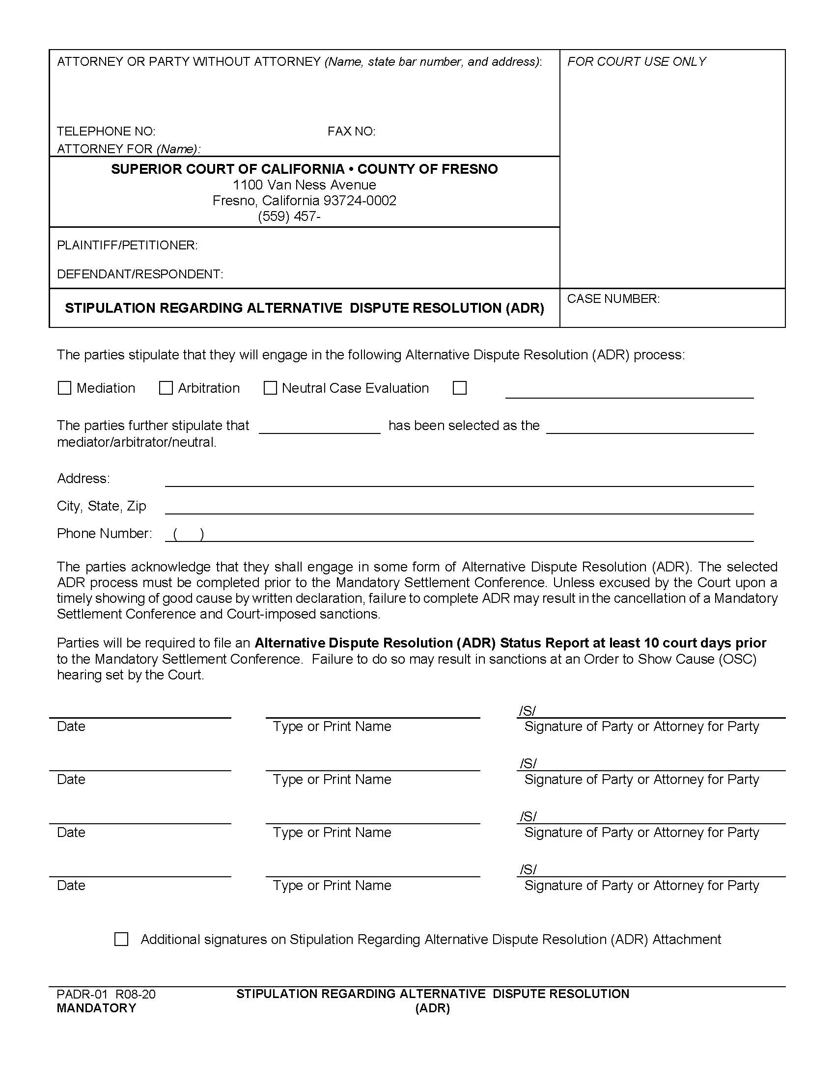 Stipulation Regarding Alternative Dispute Resolution {PADR-01} | Pdf Fpdf Docx | California