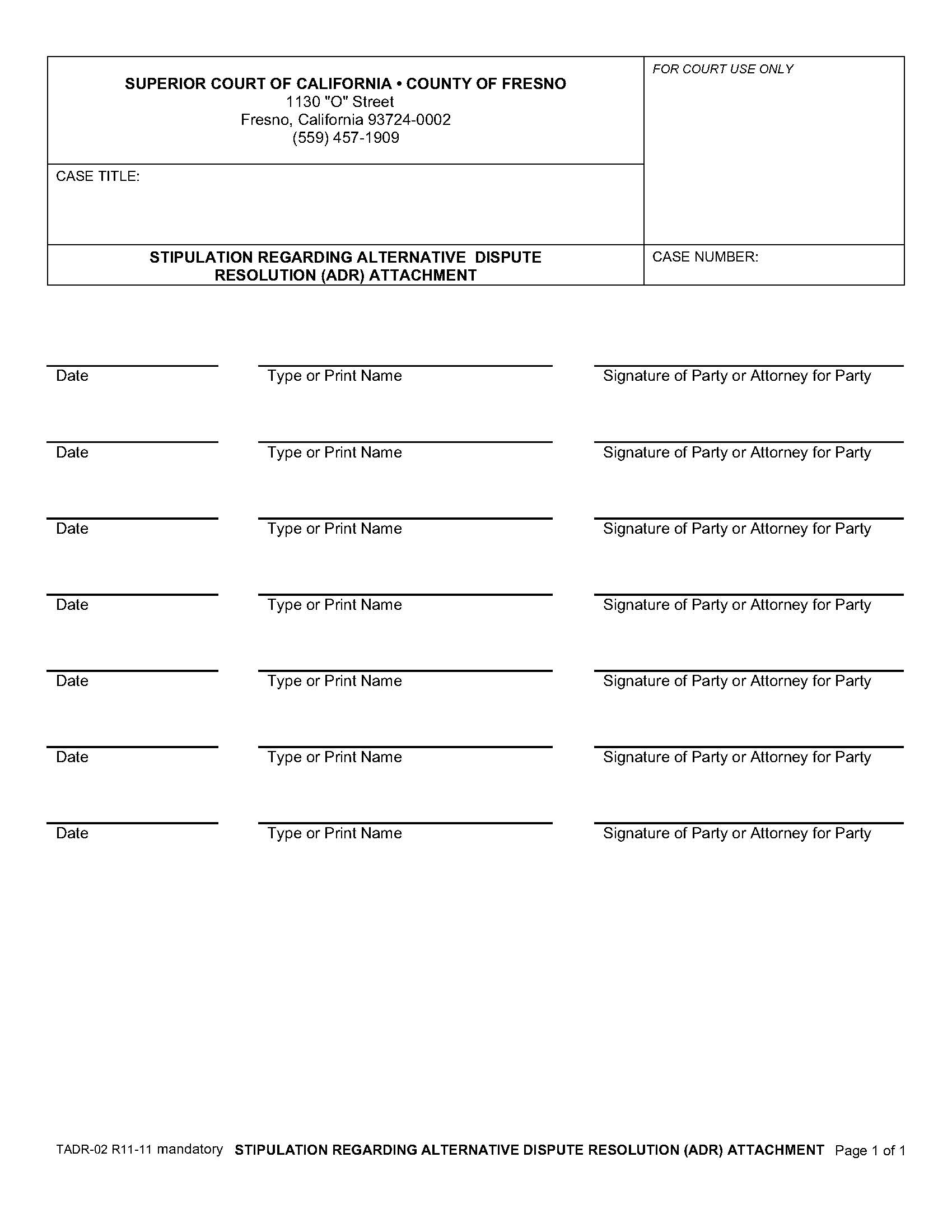 Stipulation Regarding Alternative Dispute Resolution ADR Attachment {TADR-02} | Pdf Fpdf Docx | California