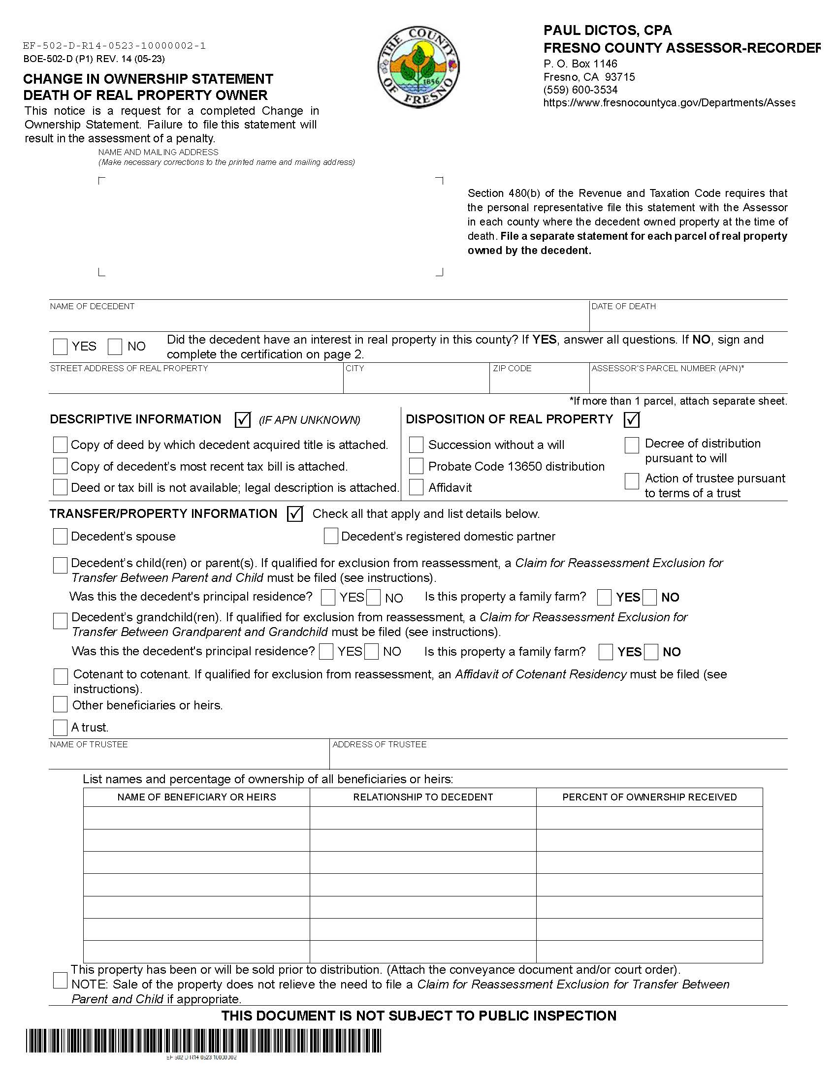 Change In Ownership Statement Death Of Real Property Owner (Fresno) {BOE-502-D} | Pdf Fpdf Docx | California