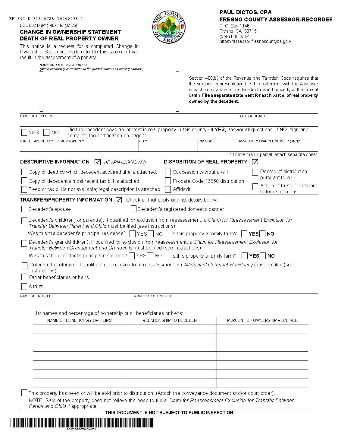 Change In Ownership Statement Death Of Real Property Owner (Fresno) {BOE-502-D} | Pdf Fpdf Docx | California