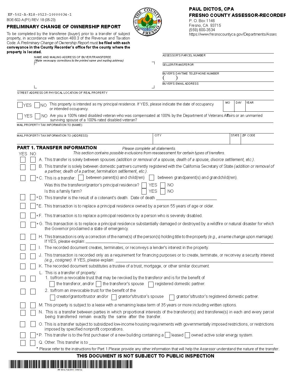 Preliminary Change Of Ownership Report (Fresno County) {BOE-502-A} | Pdf Fpdf Docx | California