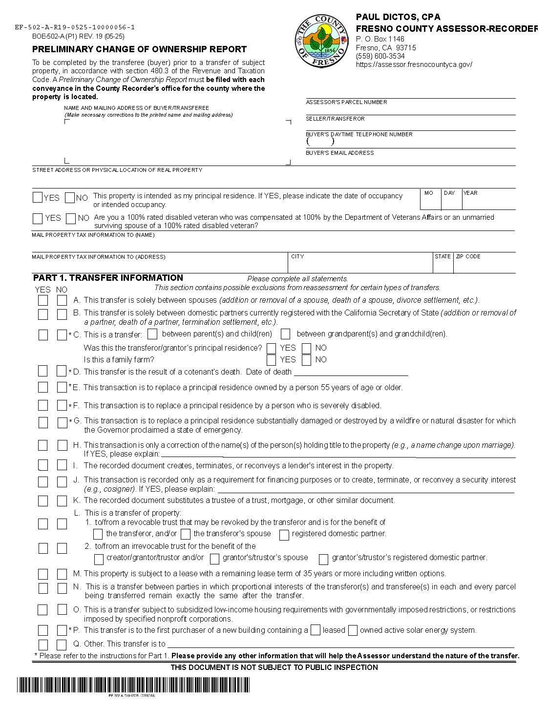 Preliminary Change Of Ownership Report (Fresno County) {BOE-502-A} | Pdf Fpdf Docx | California
