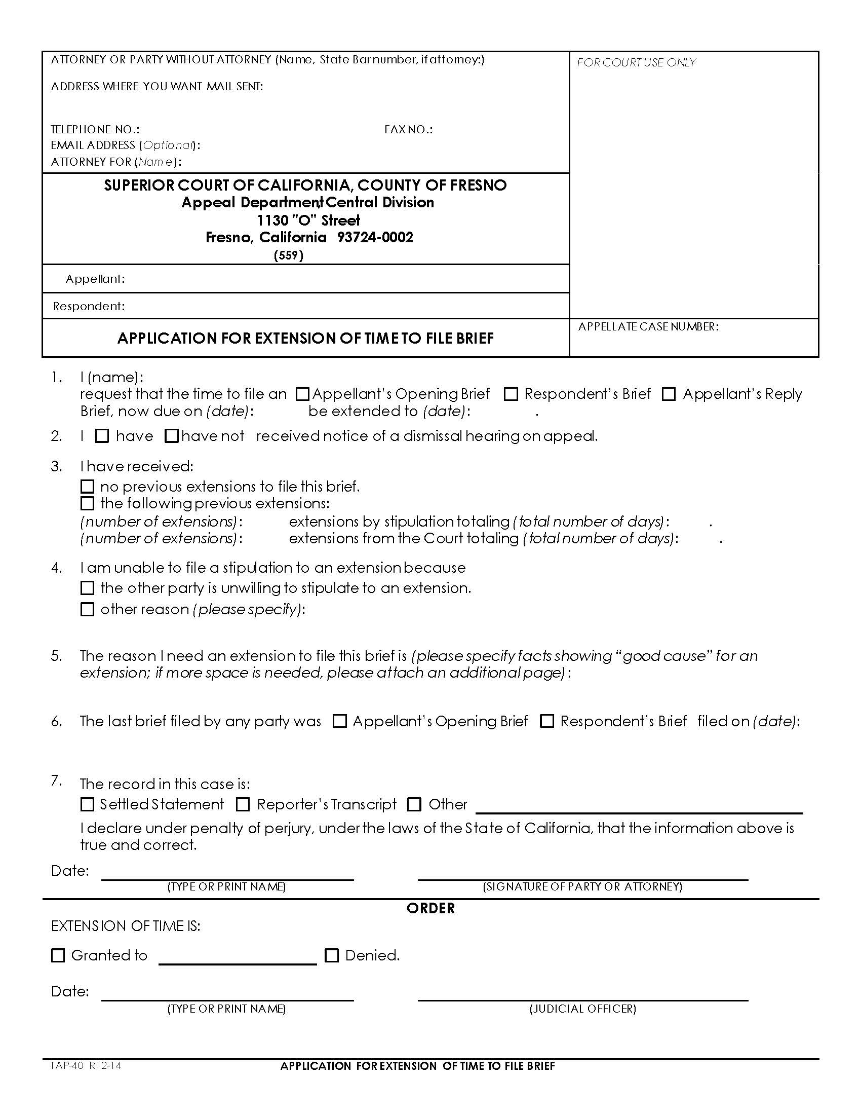 Application For Extension Of Time To File Brief {TAP-40} | Pdf Fpdf Docx | California