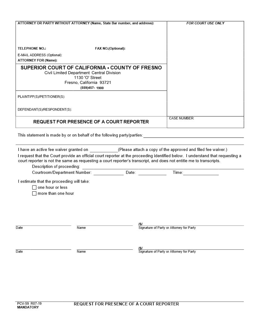 Request For Presence Of A Court Reporter {TCV-59} | Pdf Fpdf Docx | California