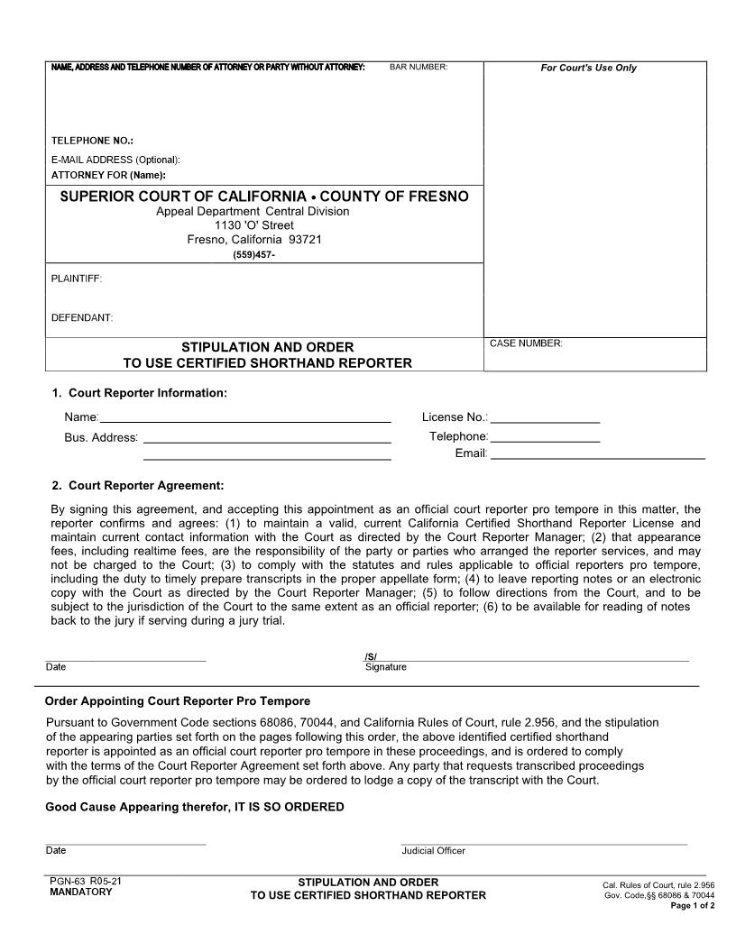 Stipulation And Order To Use Certified Shorthand Reporter {PGN-63} | Pdf Fpdf Doc Docx | California