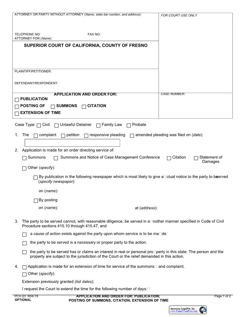 Application And Order For Publication Posting Of Summons Citation Exention Of Time {PCV- 23} | Pdf Fpdf Docx | California