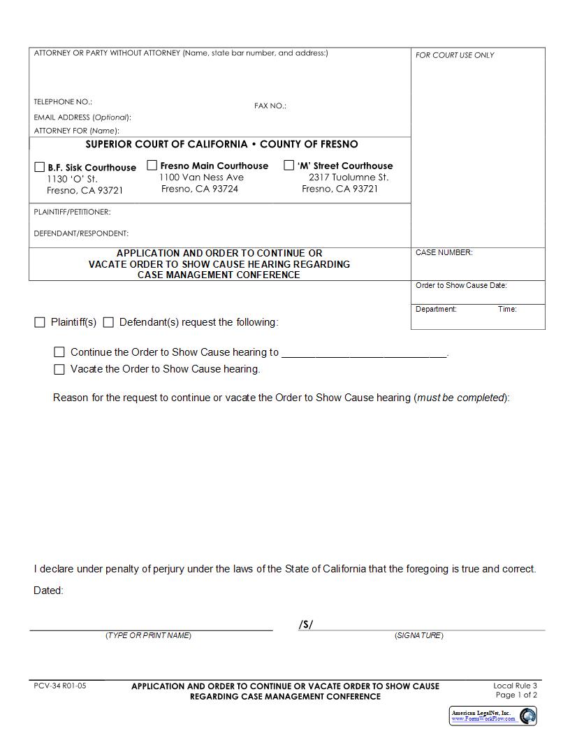Application And Order To Continue Or Vacate Order To Show Cause {PCV-34} | Pdf Fpdf Docx | California