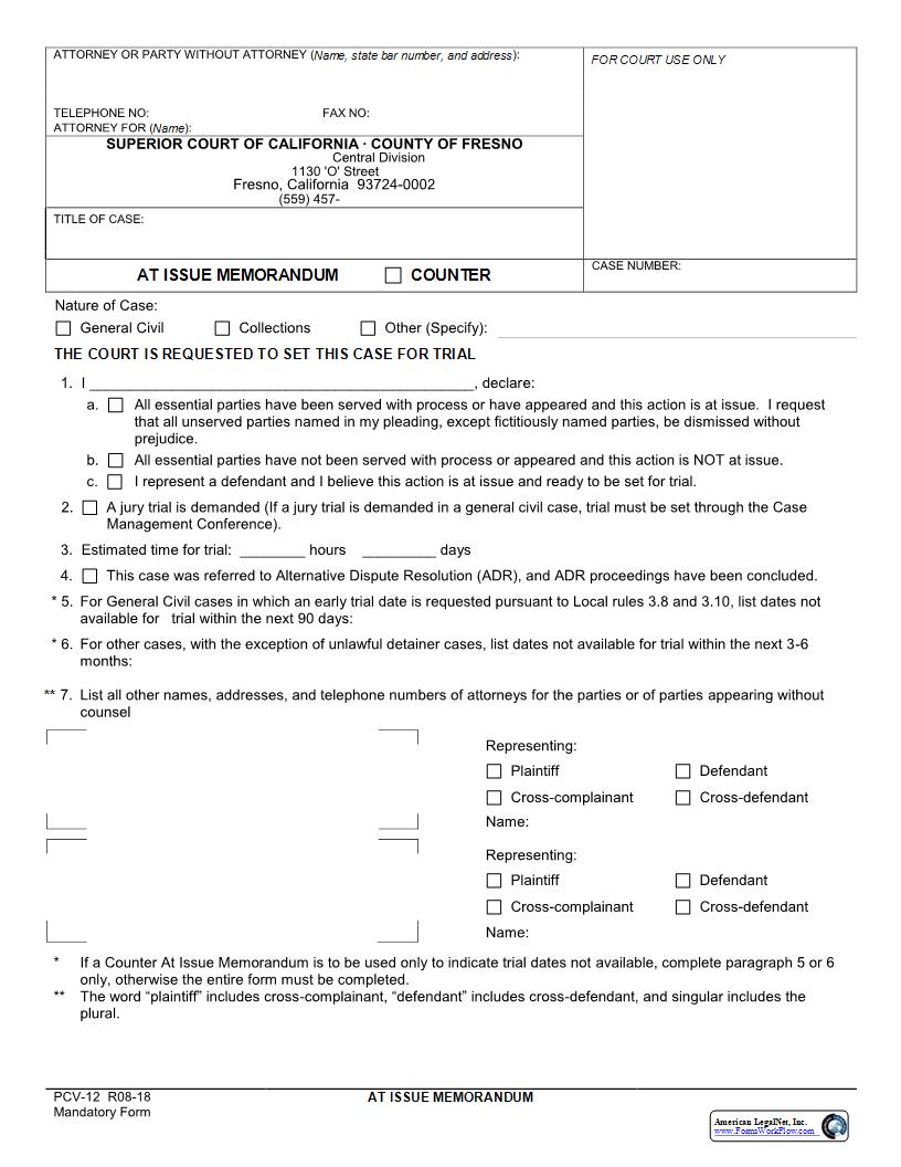 At Issue Memorandum {PCV-12} | Pdf Fpdf Docx | California