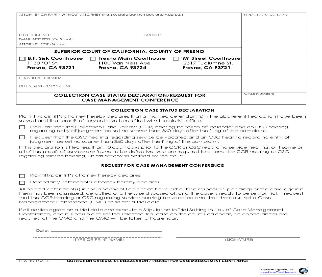 Collection Case Status Declaration-Request For Case Management Conference {PCV-10} | Pdf Fpdf Doc Docx | California