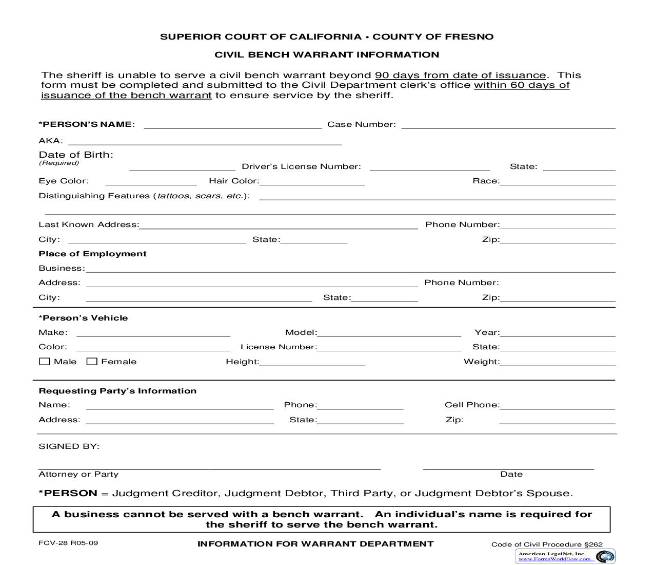 Information For Warrant Department {FCV-28} | Pdf Fpdf Doc Docx | California