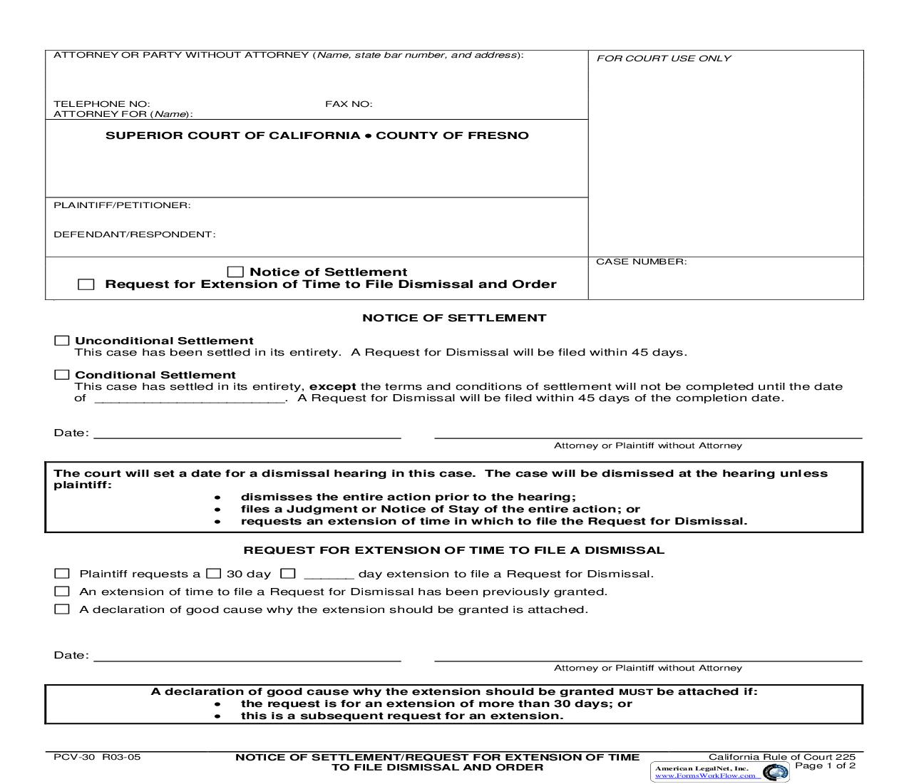 Notice Of Settlement {PCV-30} | Pdf Fpdf Doc Docx | California