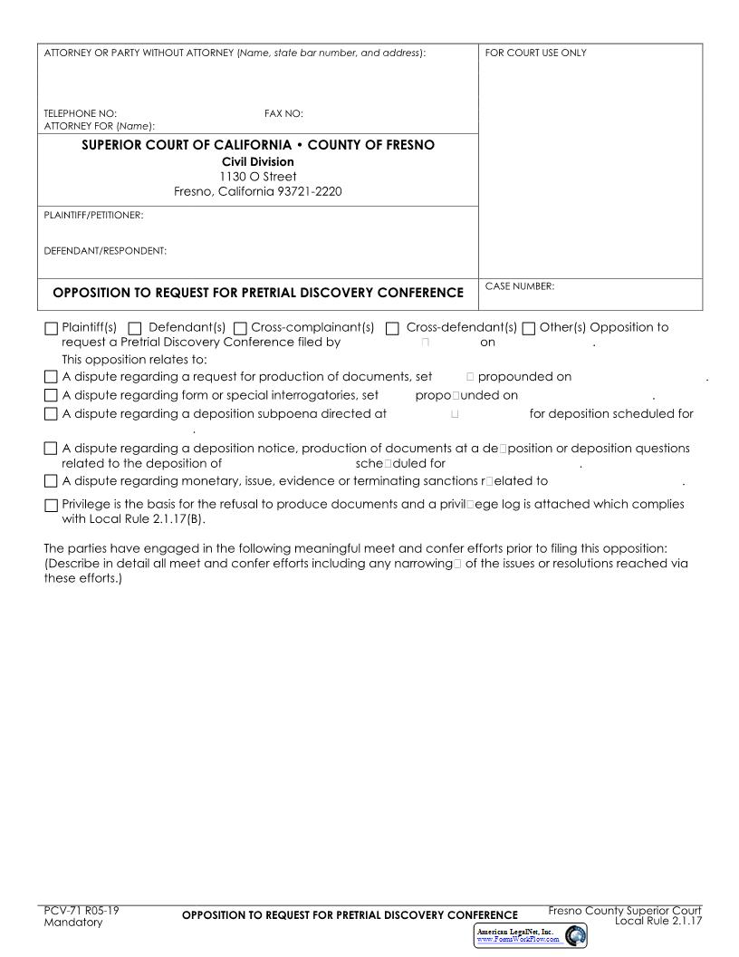 Opposition To Request For Pretrial Discovery Conference {PCV-71} | Pdf Fpdf Docx | California